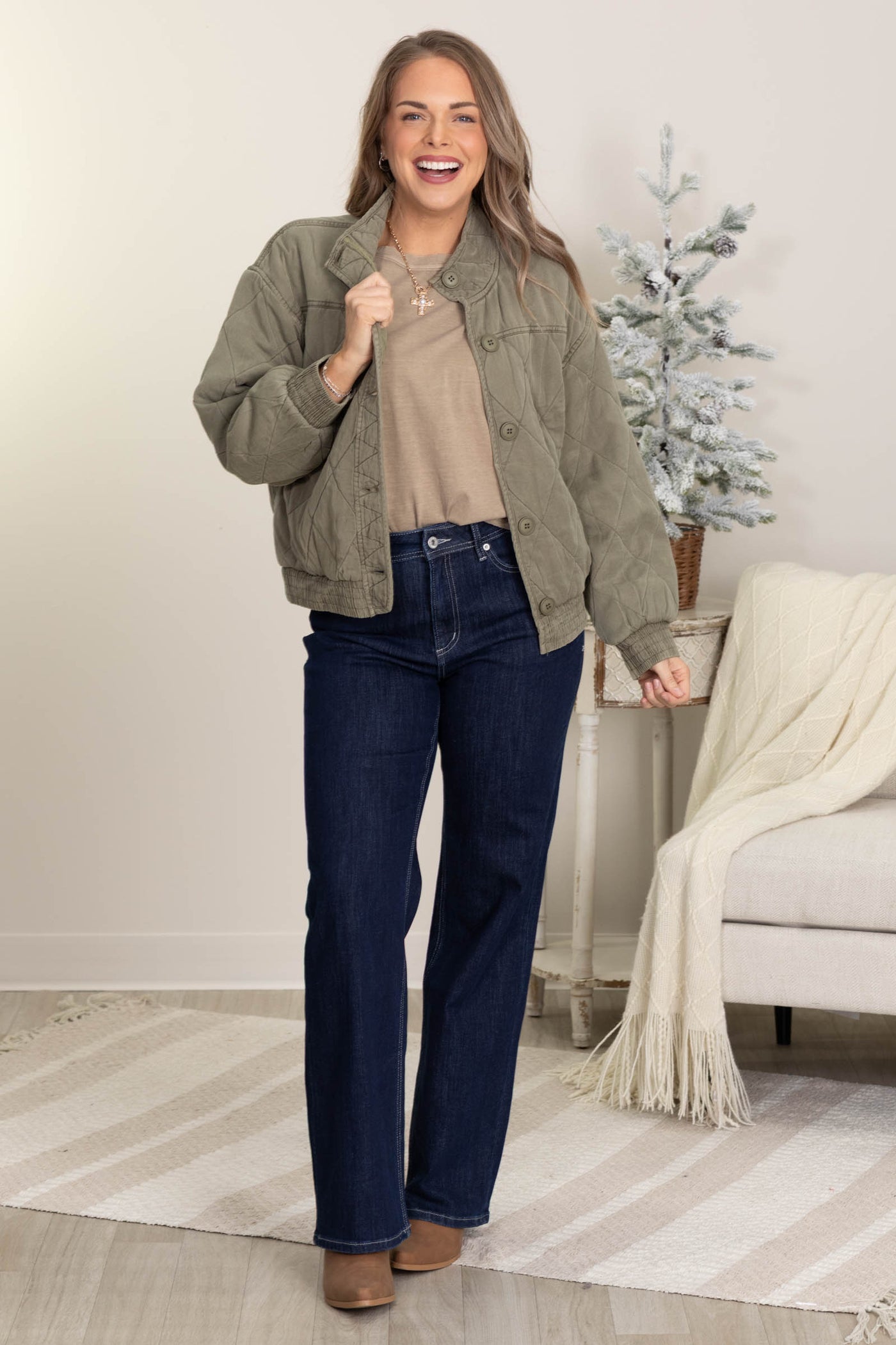 Olive Washed Quilted Button Down Jacket