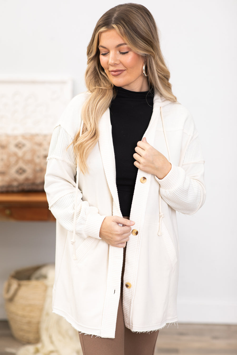 Ivory Hooded Mid Length Cardigan