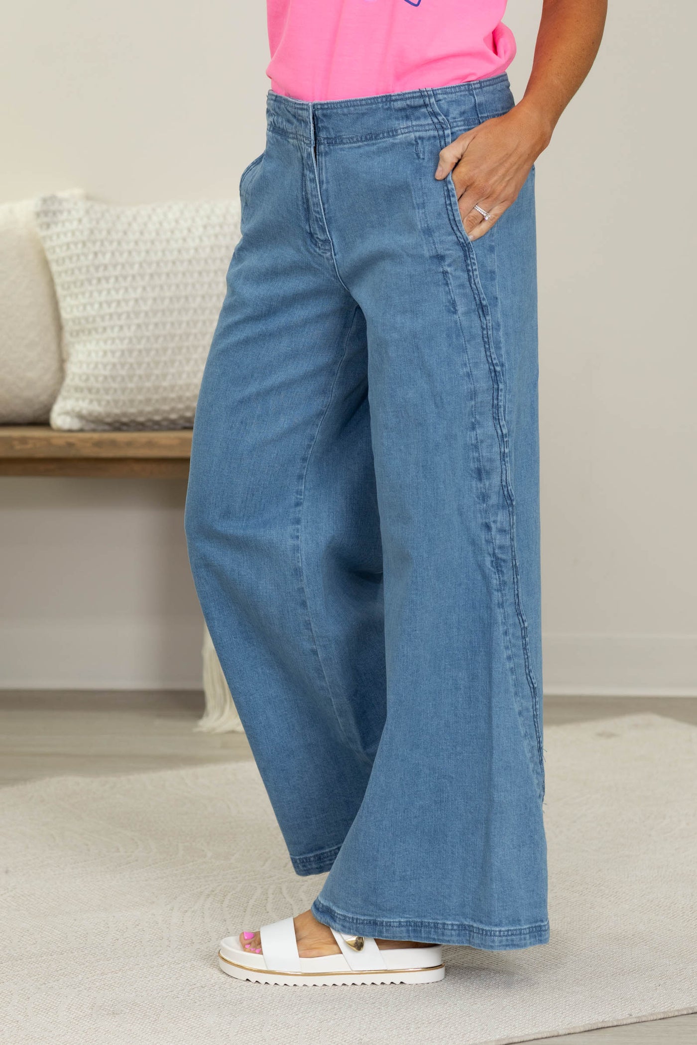 Denim Wavy Side Edge Detail Wide Leg Jeans