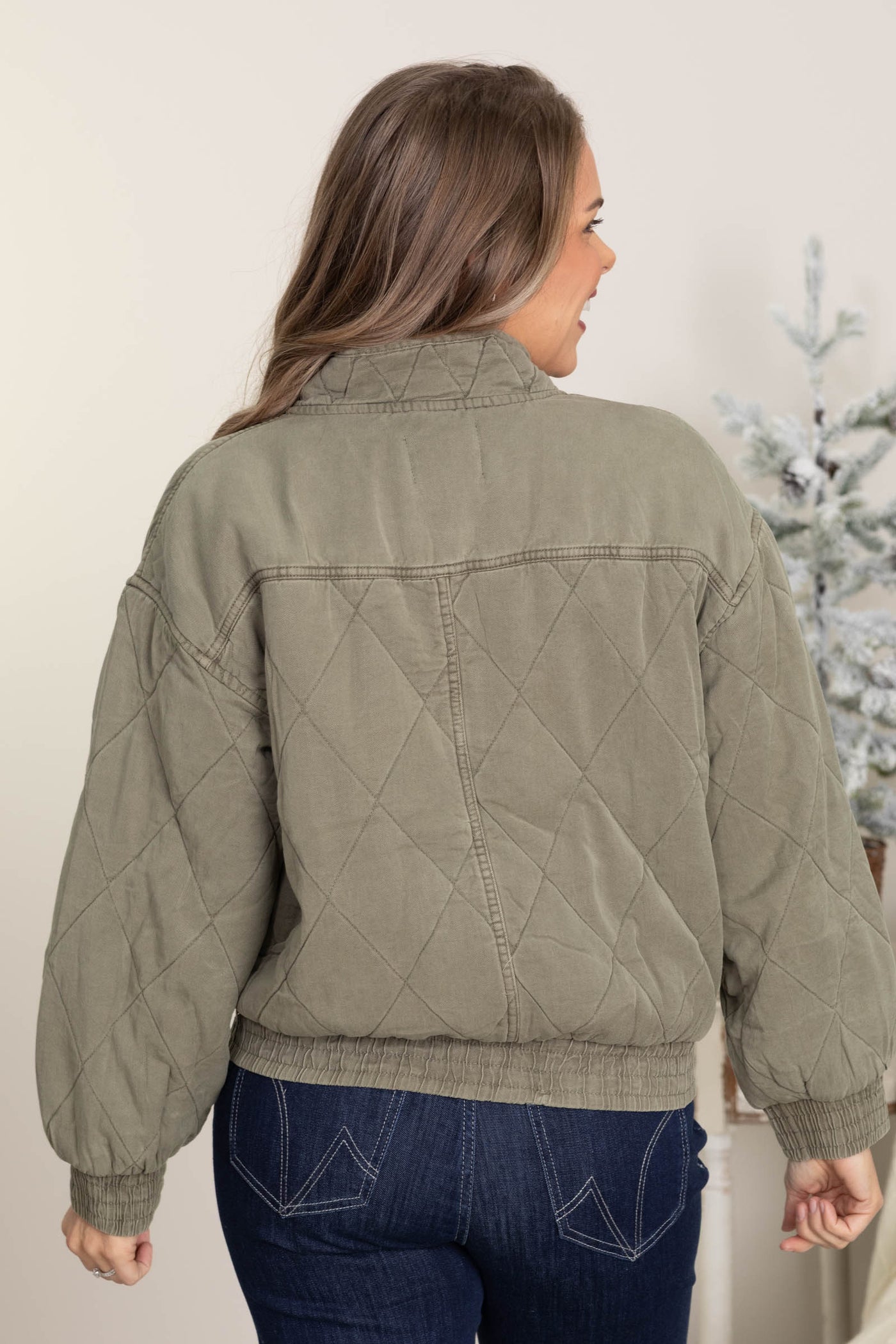 Olive Washed Quilted Button Down Jacket