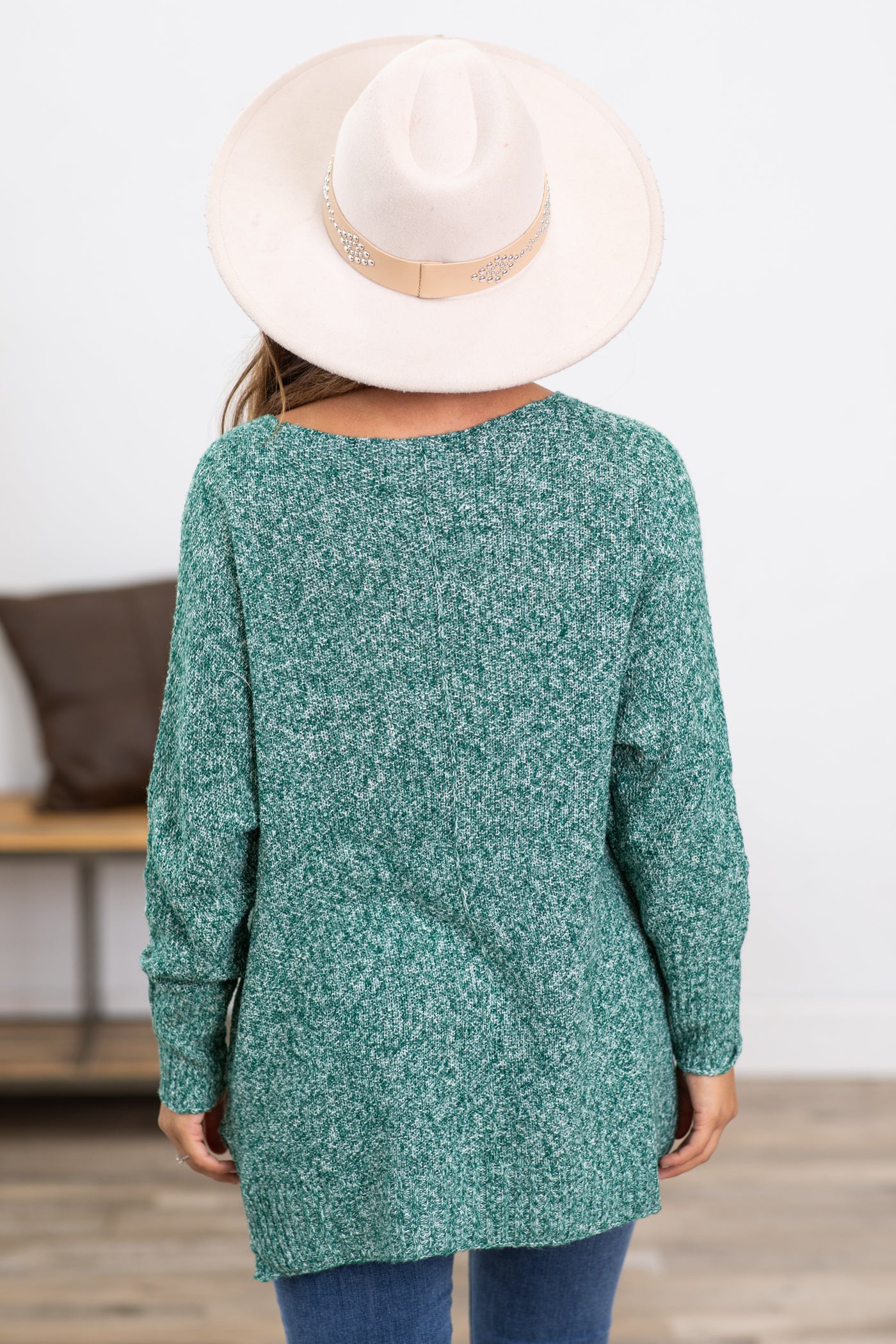 Hunter Green Melange Sweater With Front Seam