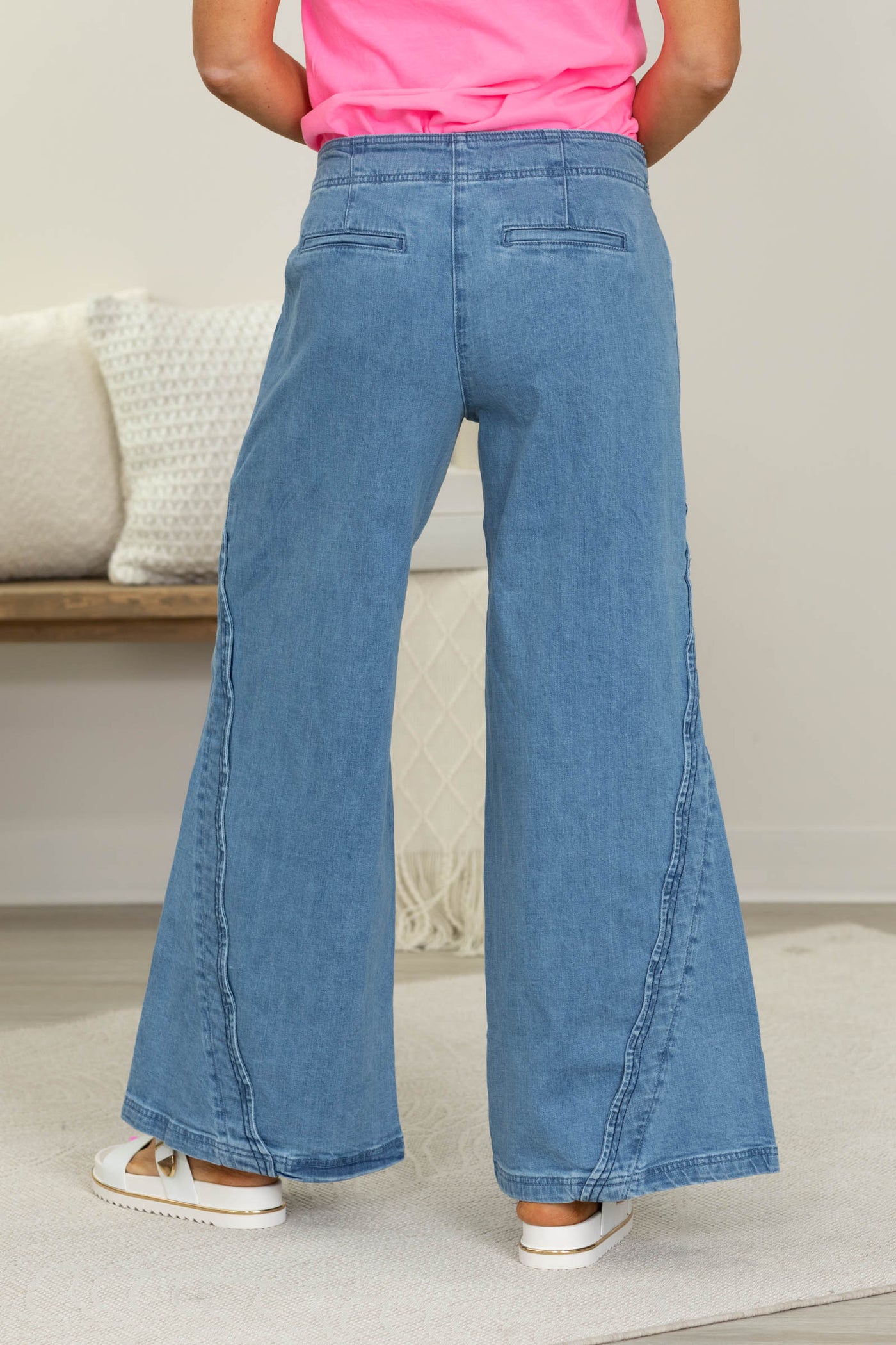 Denim Wavy Side Edge Detail Wide Leg Jeans