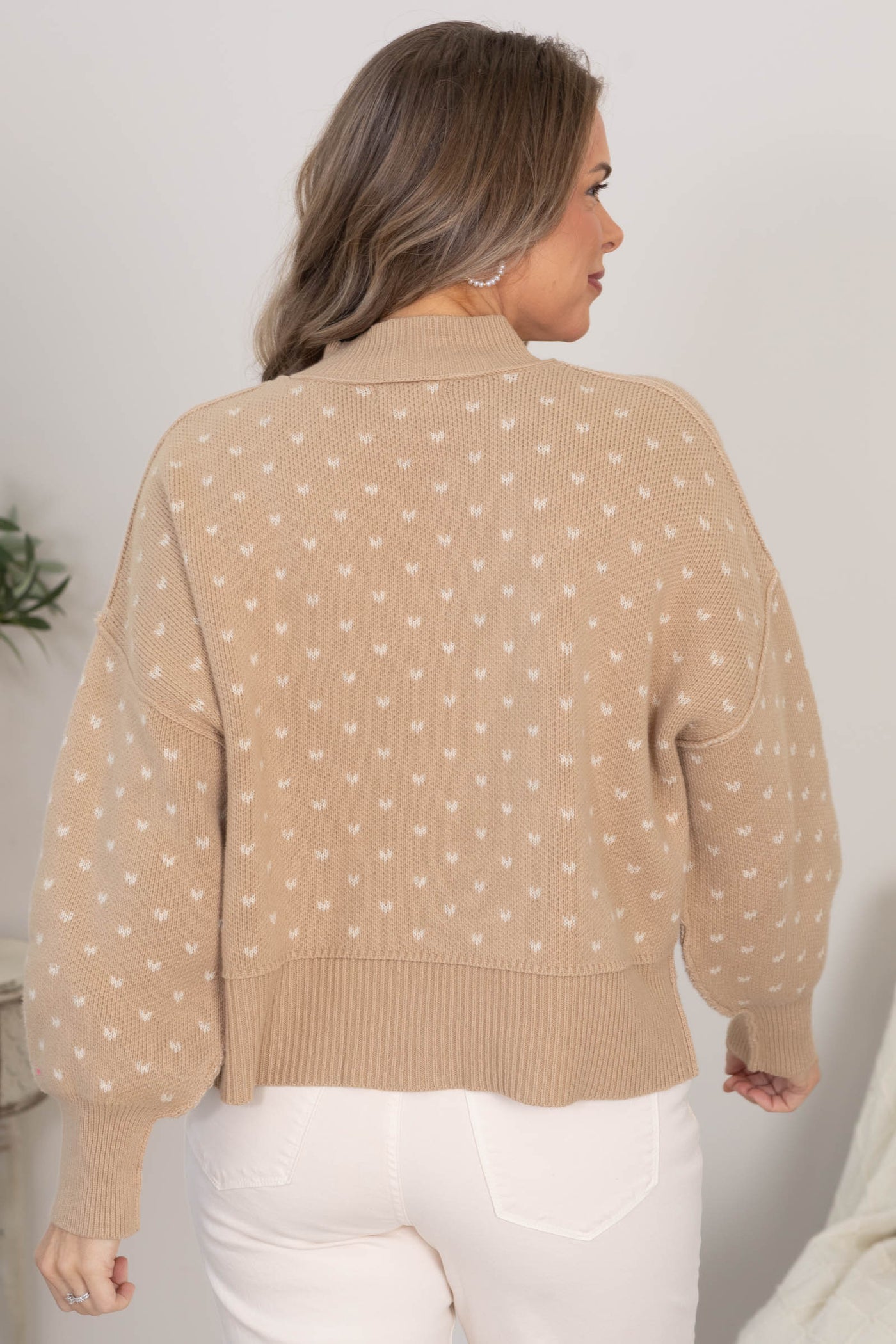 Tan Heart Pattern Drop Shoulder Knit Sweater