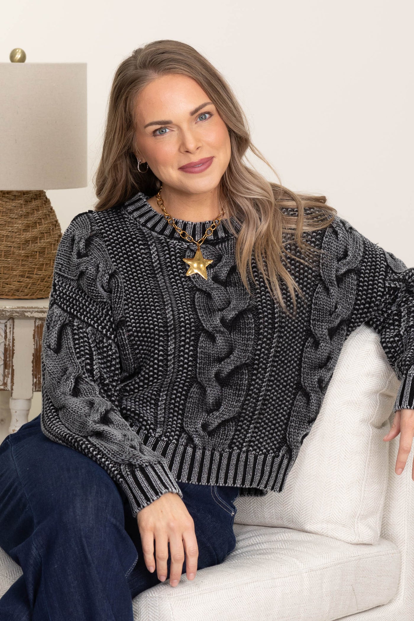 Charcoal Washed Cable Knit Pullover Sweater