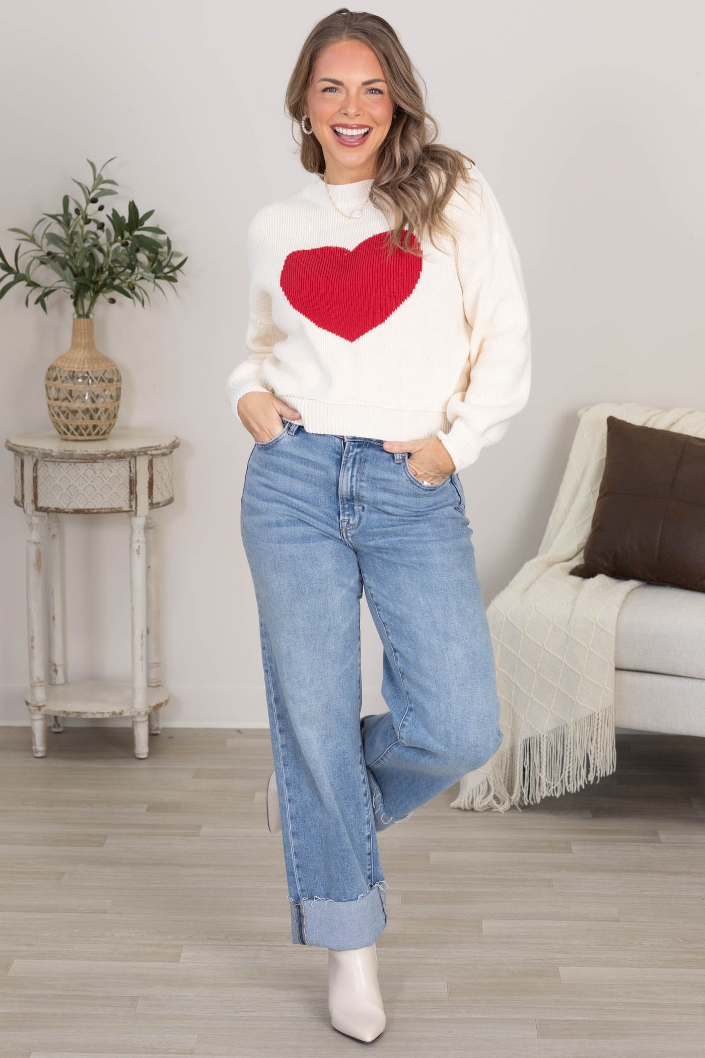 Ivory Heart Crewneck Knit Sweater