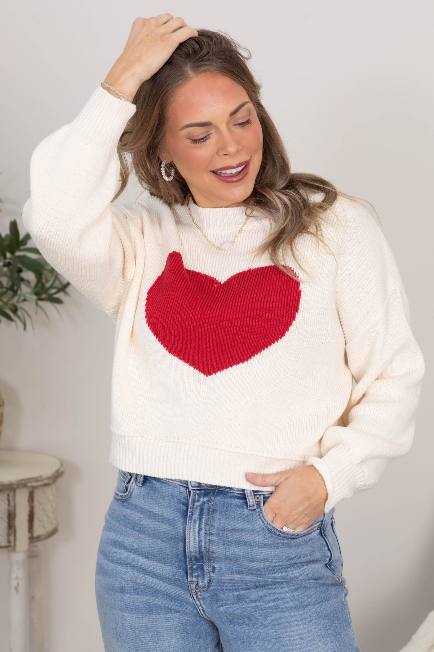 Ivory Heart Crewneck Knit Sweater