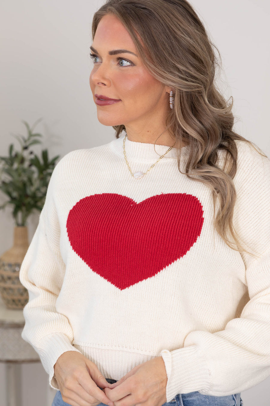 Ivory Heart Crewneck Knit Sweater