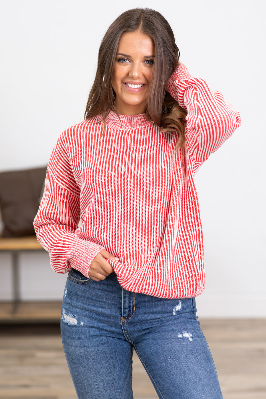 Crimson Rib Knit Drop Shoulder Sweater