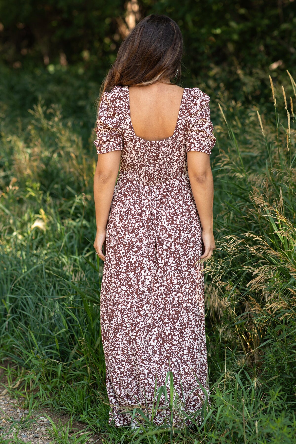 Chestnut Ditsy Floral Square Neck Midi Dress - Filly Flair
