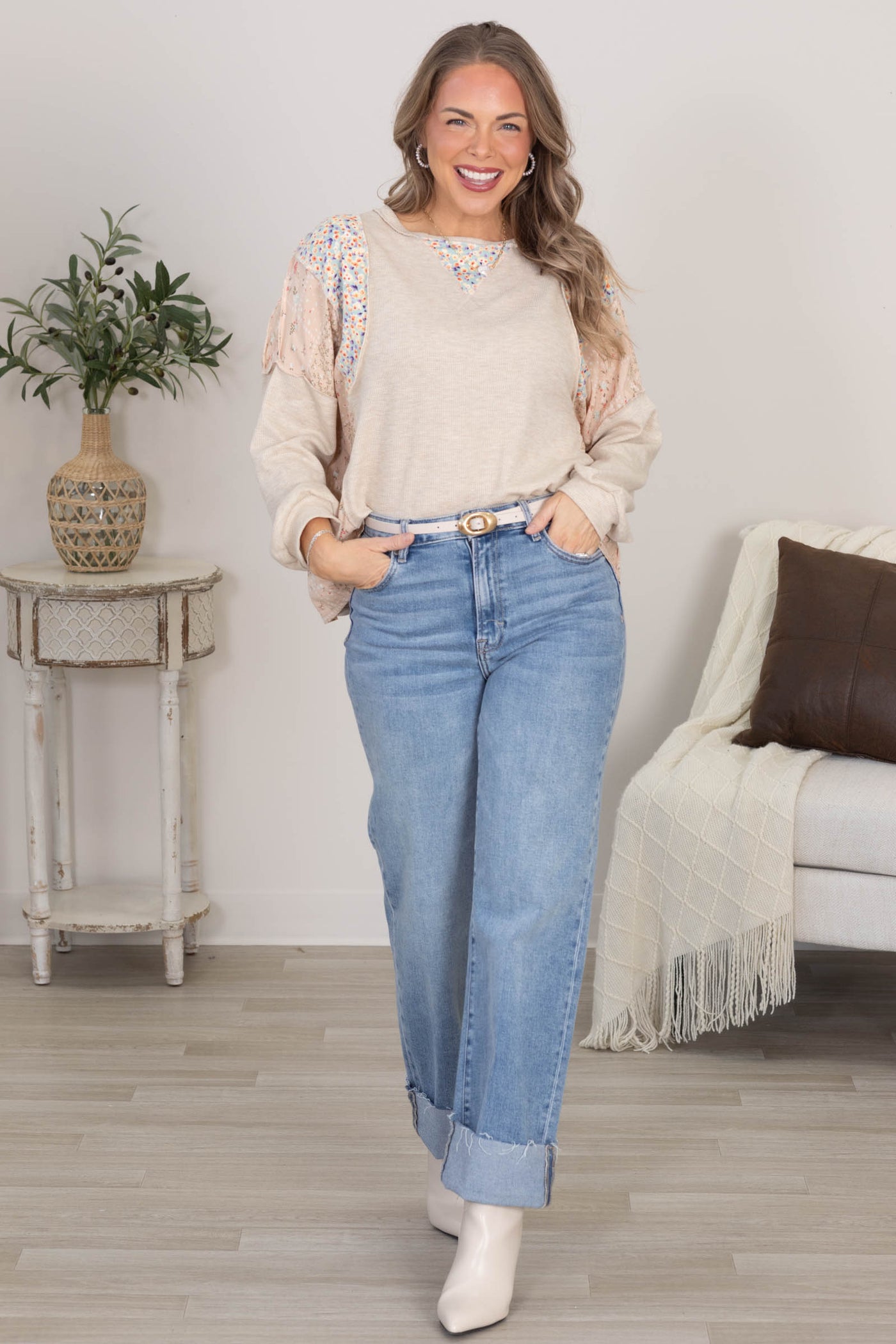 Oatmeal Triangle Detail Color Block Thermal Top