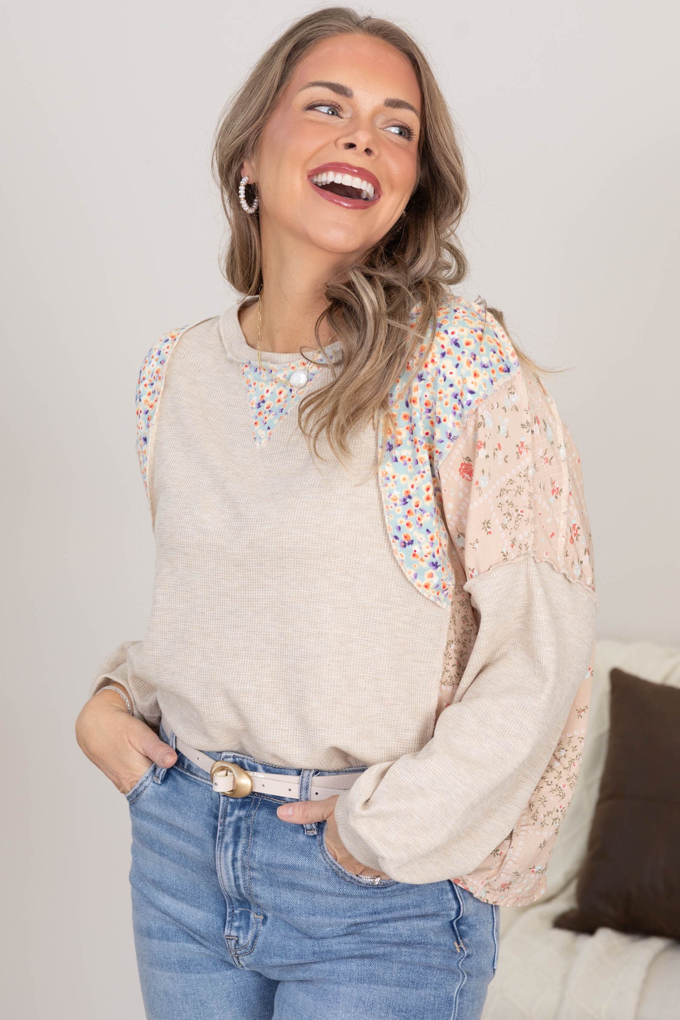 Oatmeal Triangle Detail Color Block Thermal Top