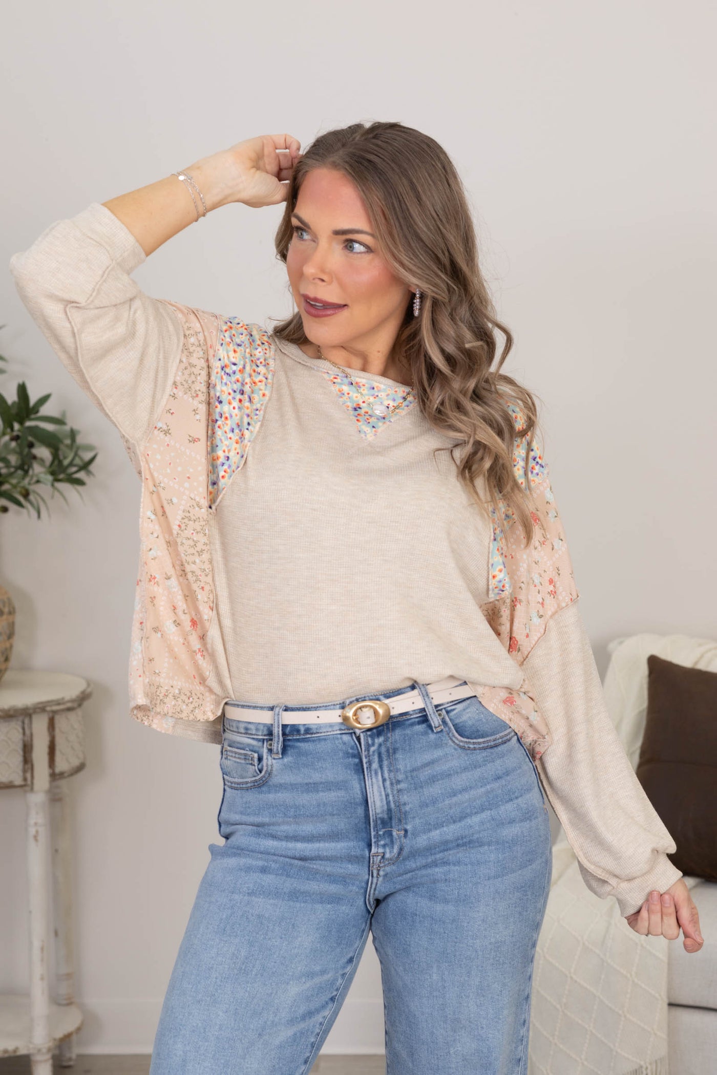 Oatmeal Triangle Detail Color Block Thermal Top