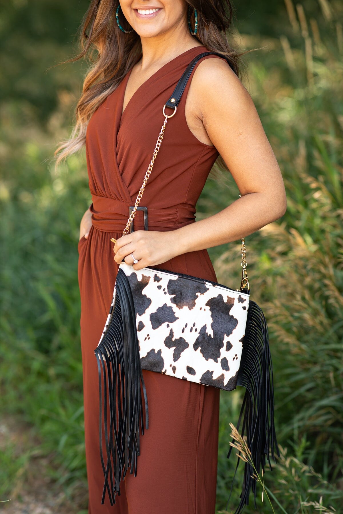 Black and Ivory Cow Print Fringe Crossbody Bag - Filly Flair