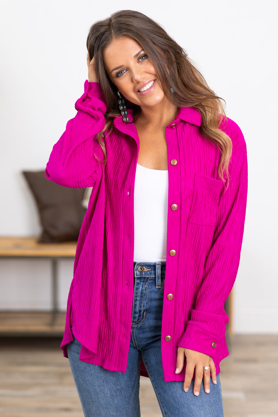Fuchsia Textured Button Up Top