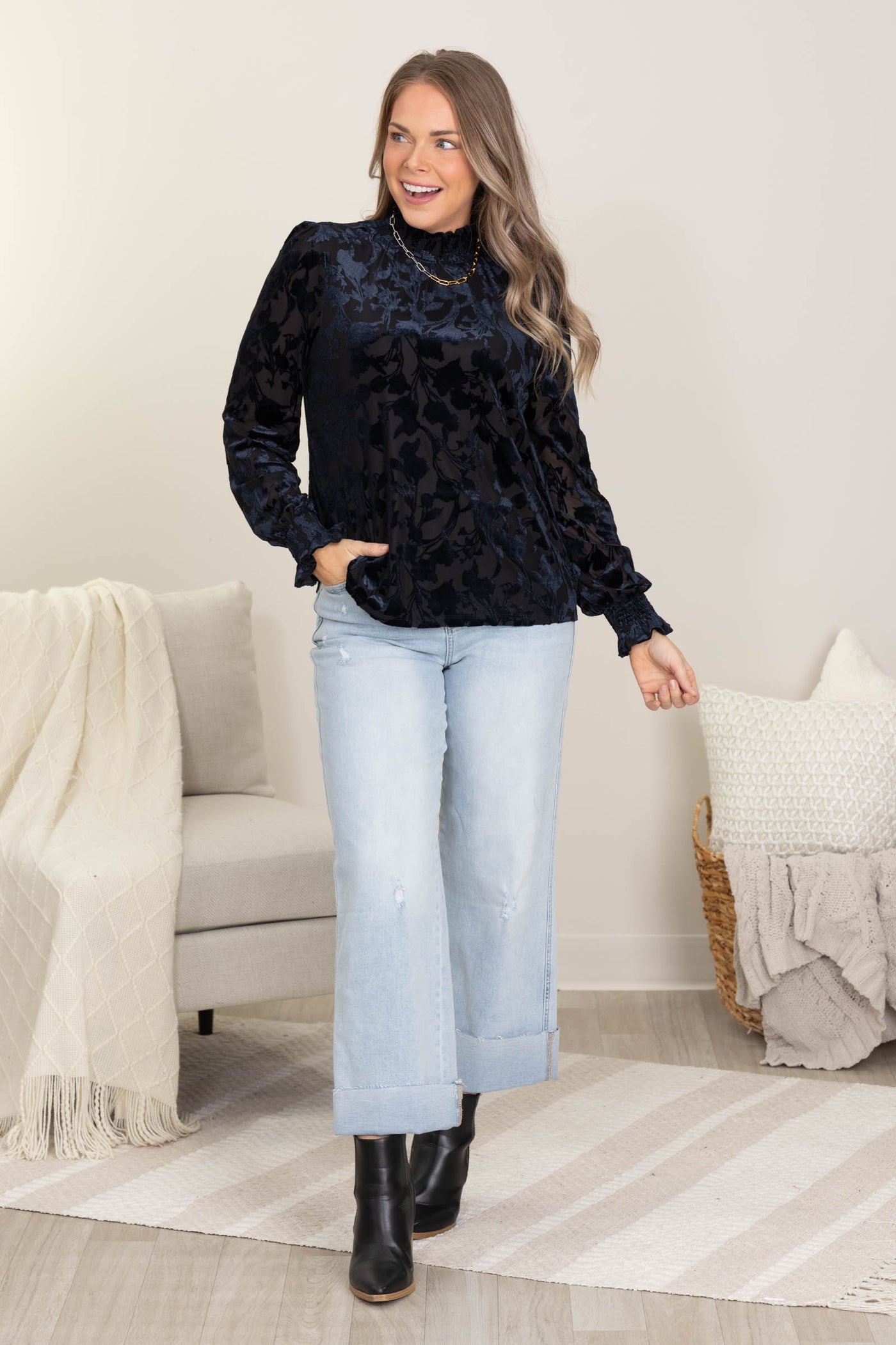 Navy Smocked Mock Neck Long Sleeve Velvet Top