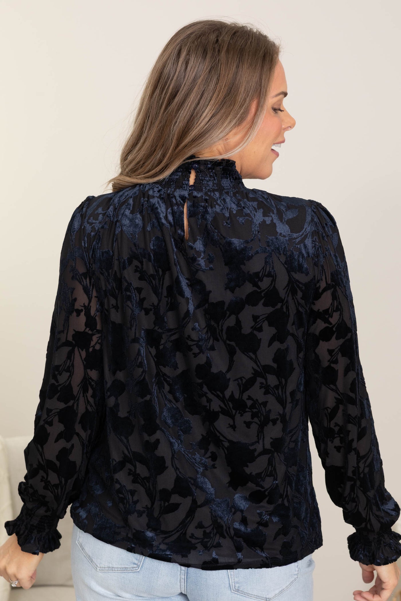 Navy Smocked Mock Neck Long Sleeve Velvet Top