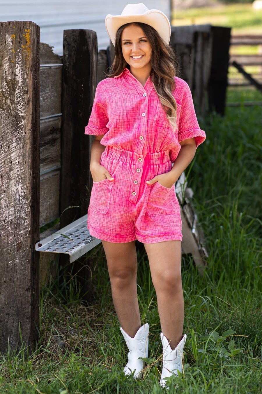 Hot Pink Washed Elastic Waist Romper - Filly Flair