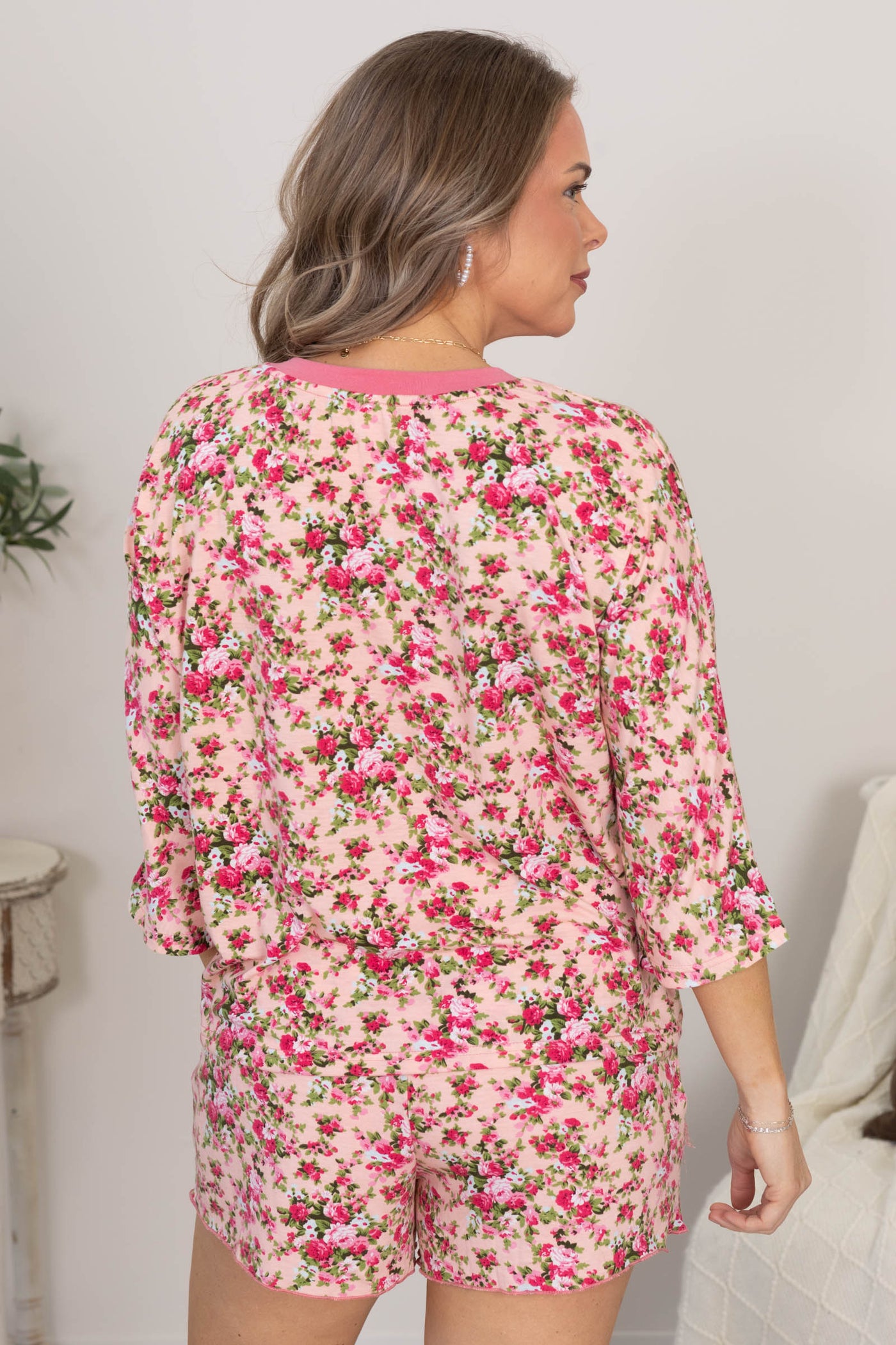 Pink Rose Print Jersey Top & Shorts Set