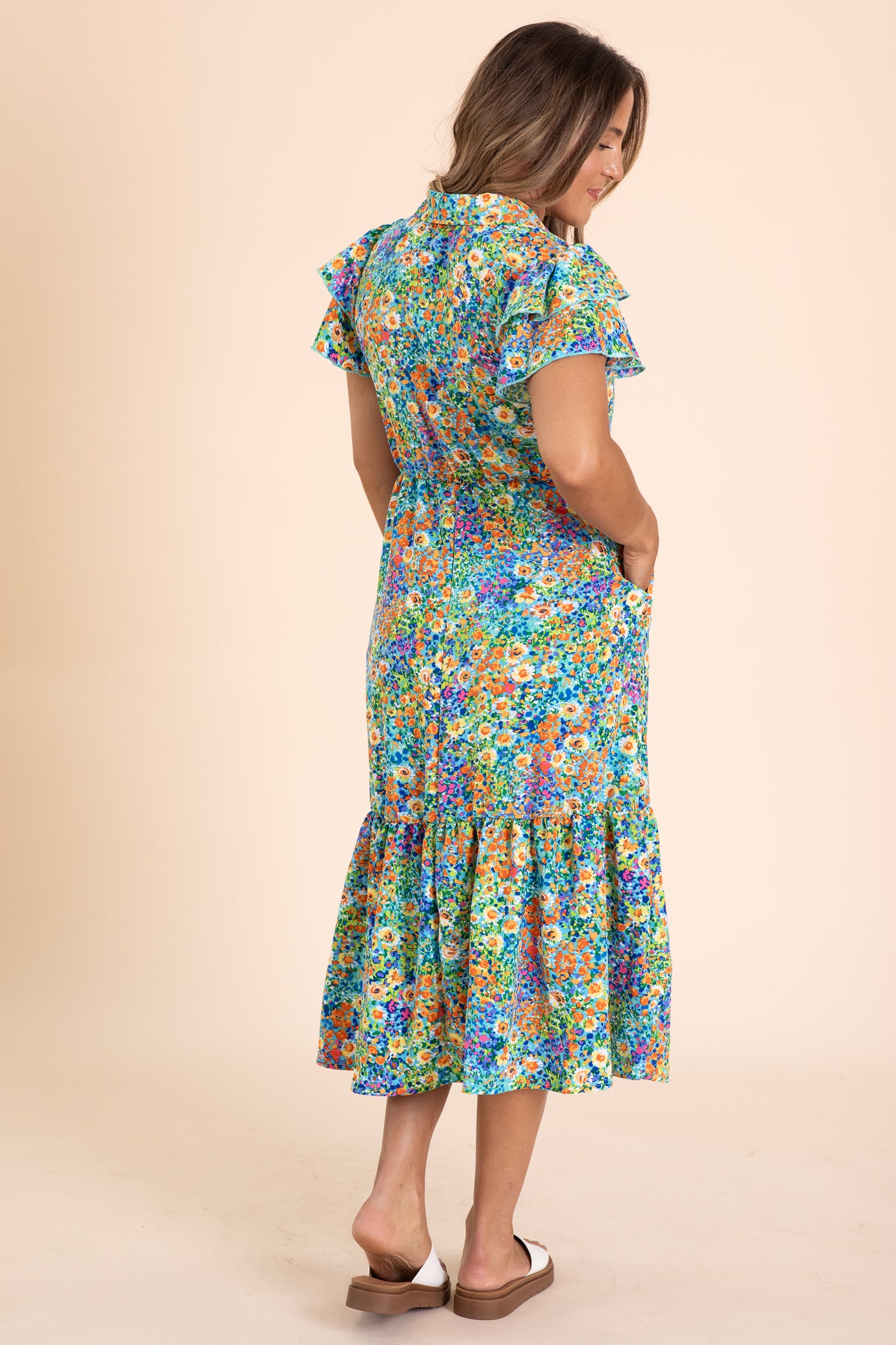 aqua floral ruffle maxi dress Blue Strapless Floral Ruffle Dress