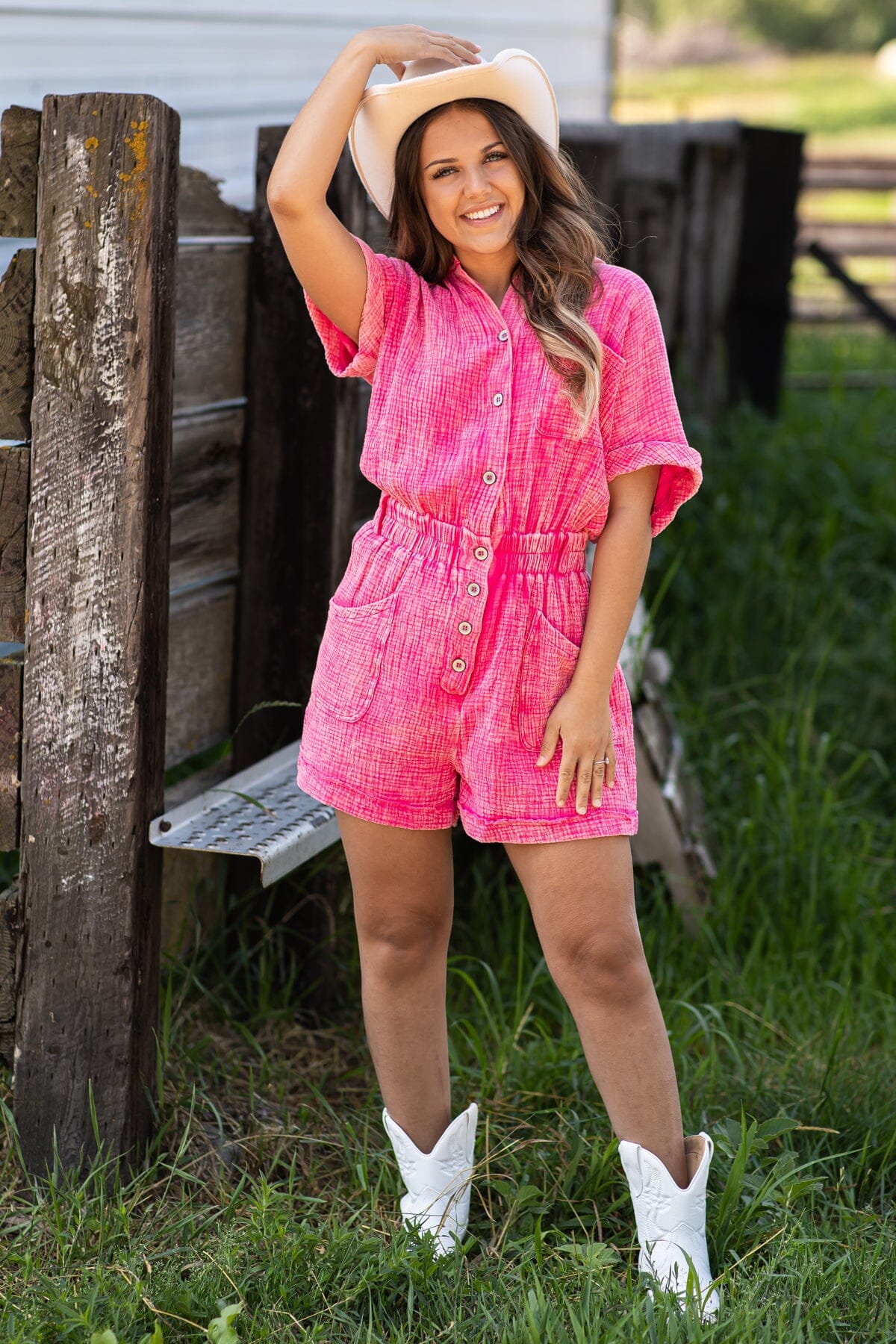 Hot Pink Washed Elastic Waist Romper - Filly Flair