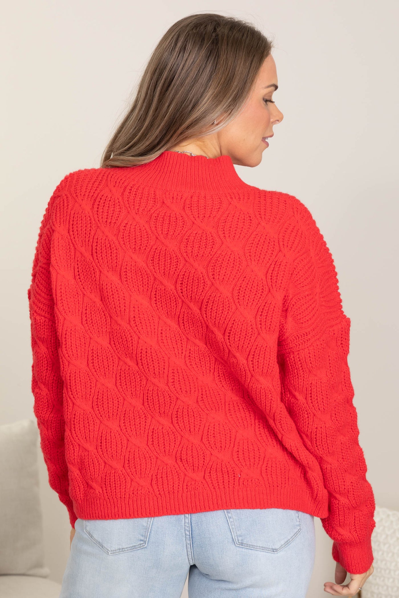 Red Braid Cable Mock Neck Sweater