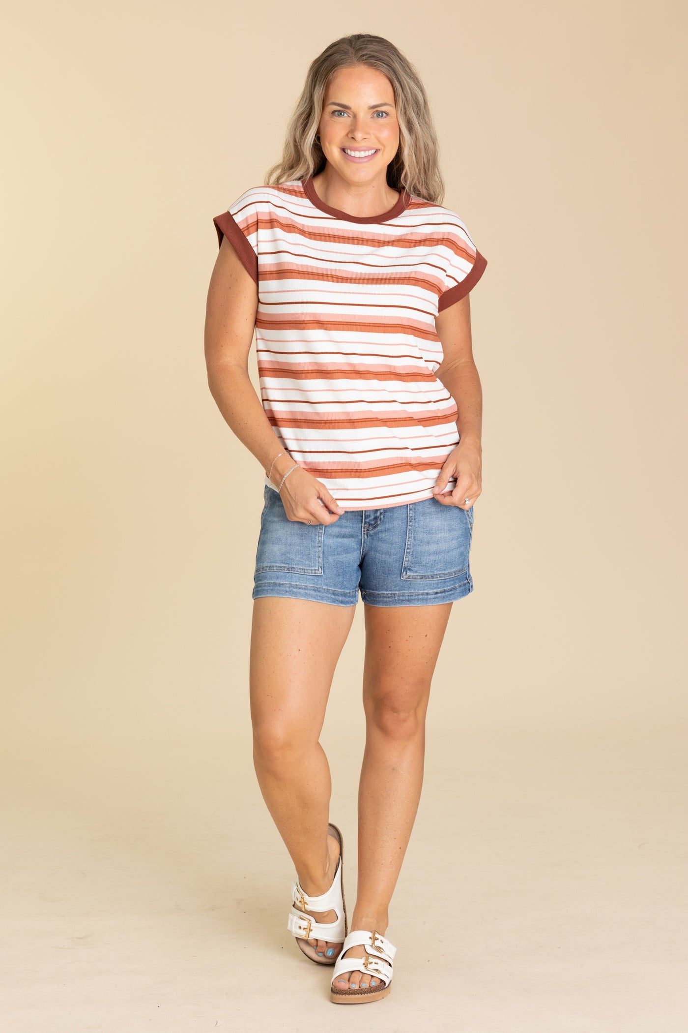 Crewneck Striped Short Sleeve Knit Top