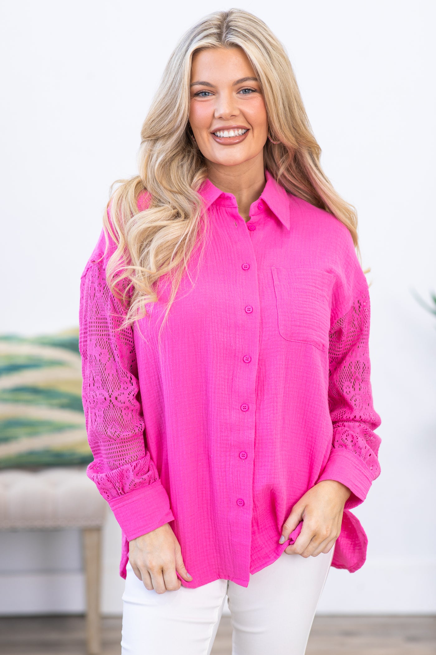 Hot Pink Eyelet Sleeve Button Up Top