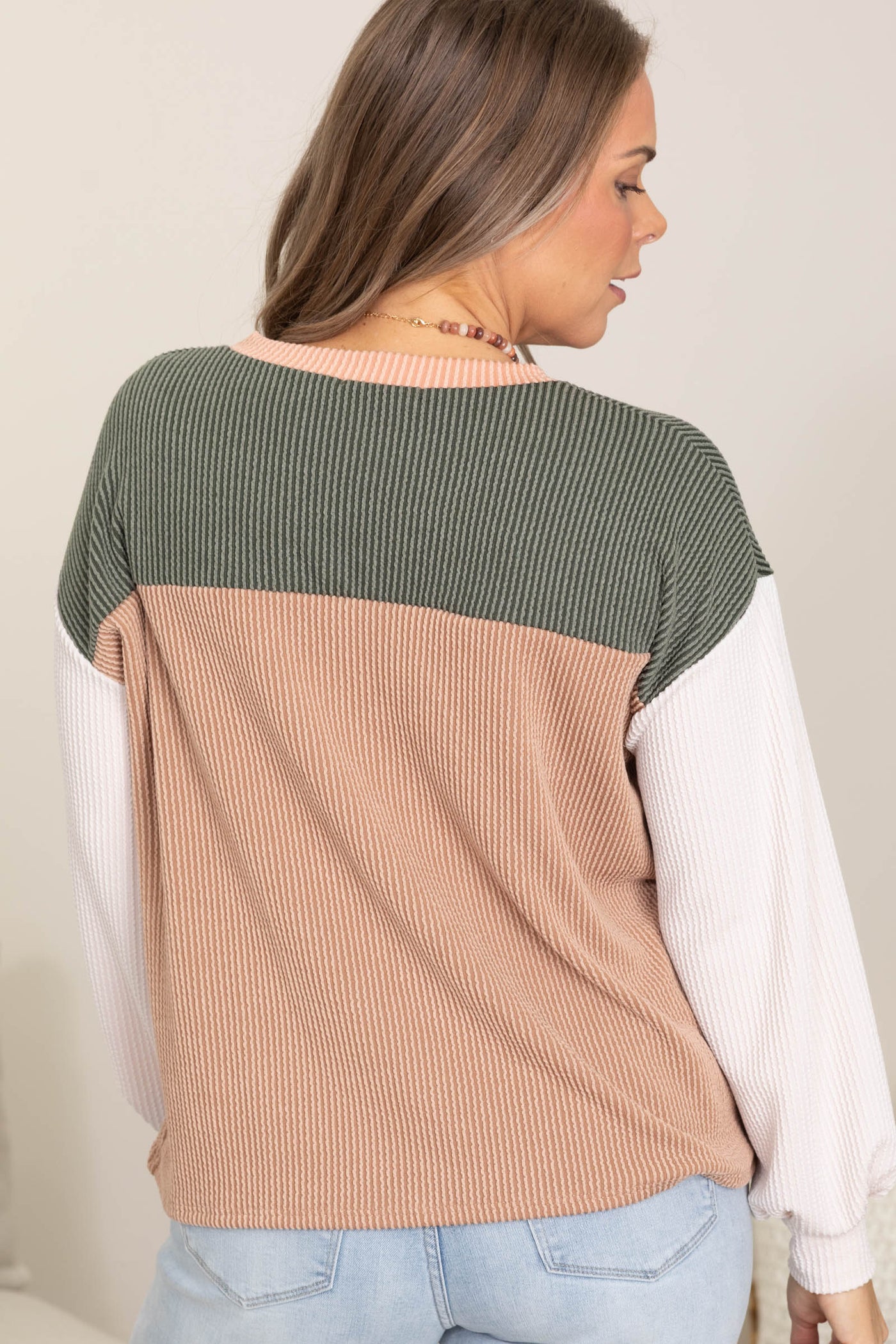 Ribbed Colorblock Long Sleeve Knit Tops