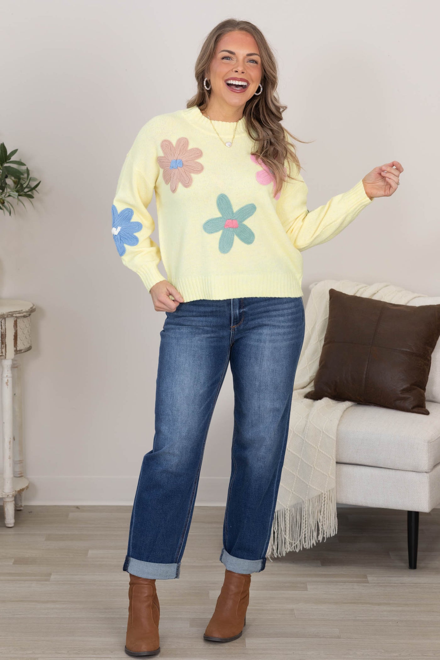 Pastel Yellow Crochet Florals Knit Sweater