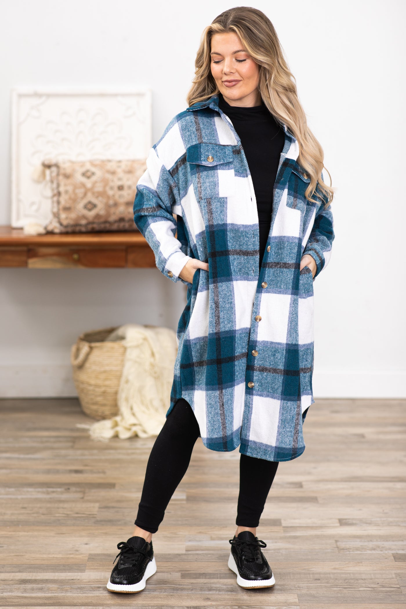 Teal and White Plaid Dolphin Hem Long Shacket