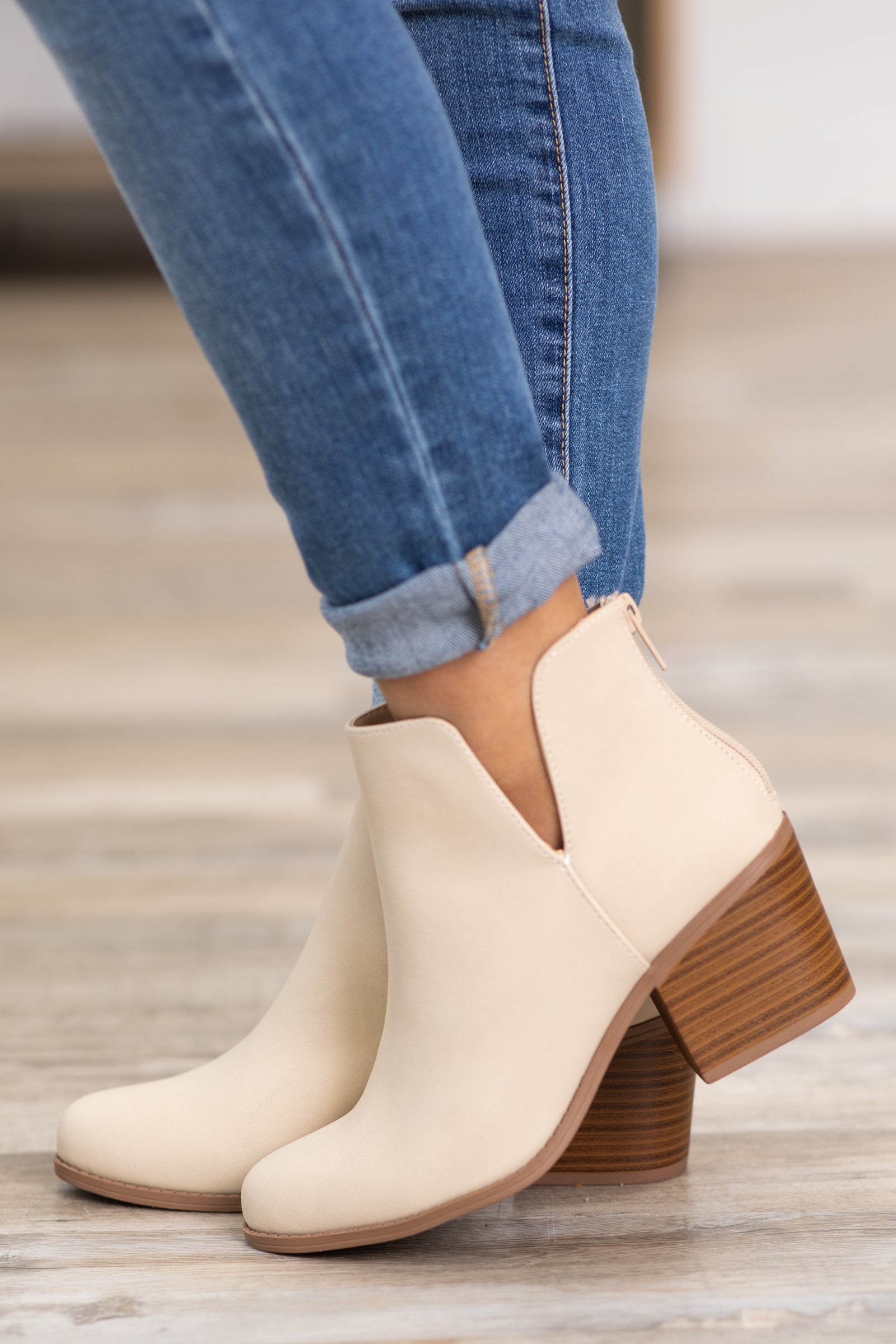 Beige Back Zip Booties With Cutout Detail