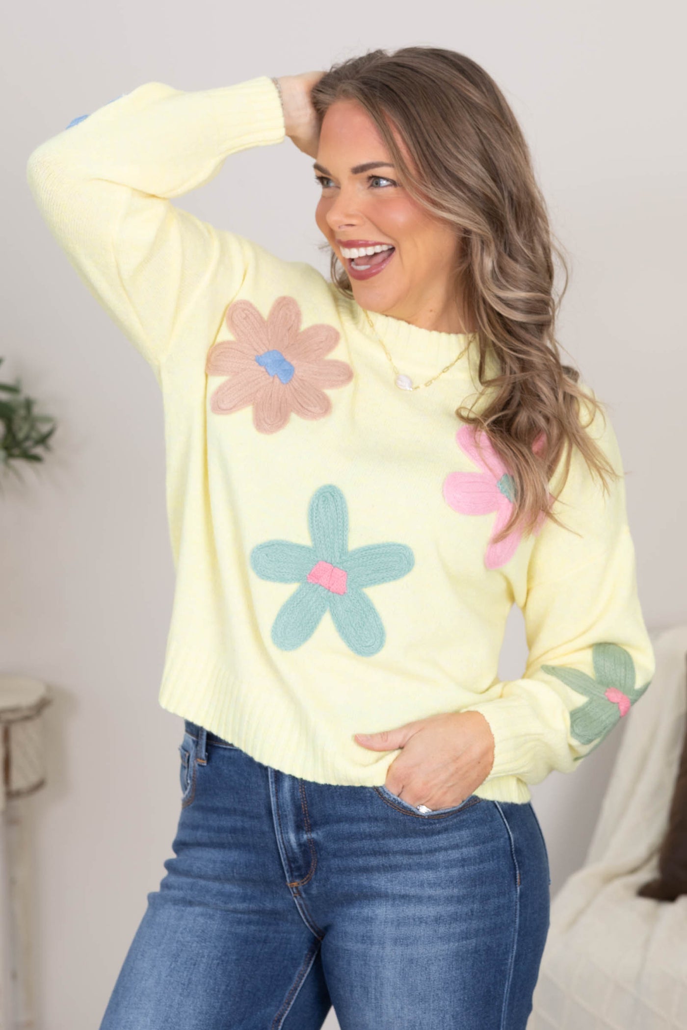 Pastel Yellow Crochet Florals Knit Sweater