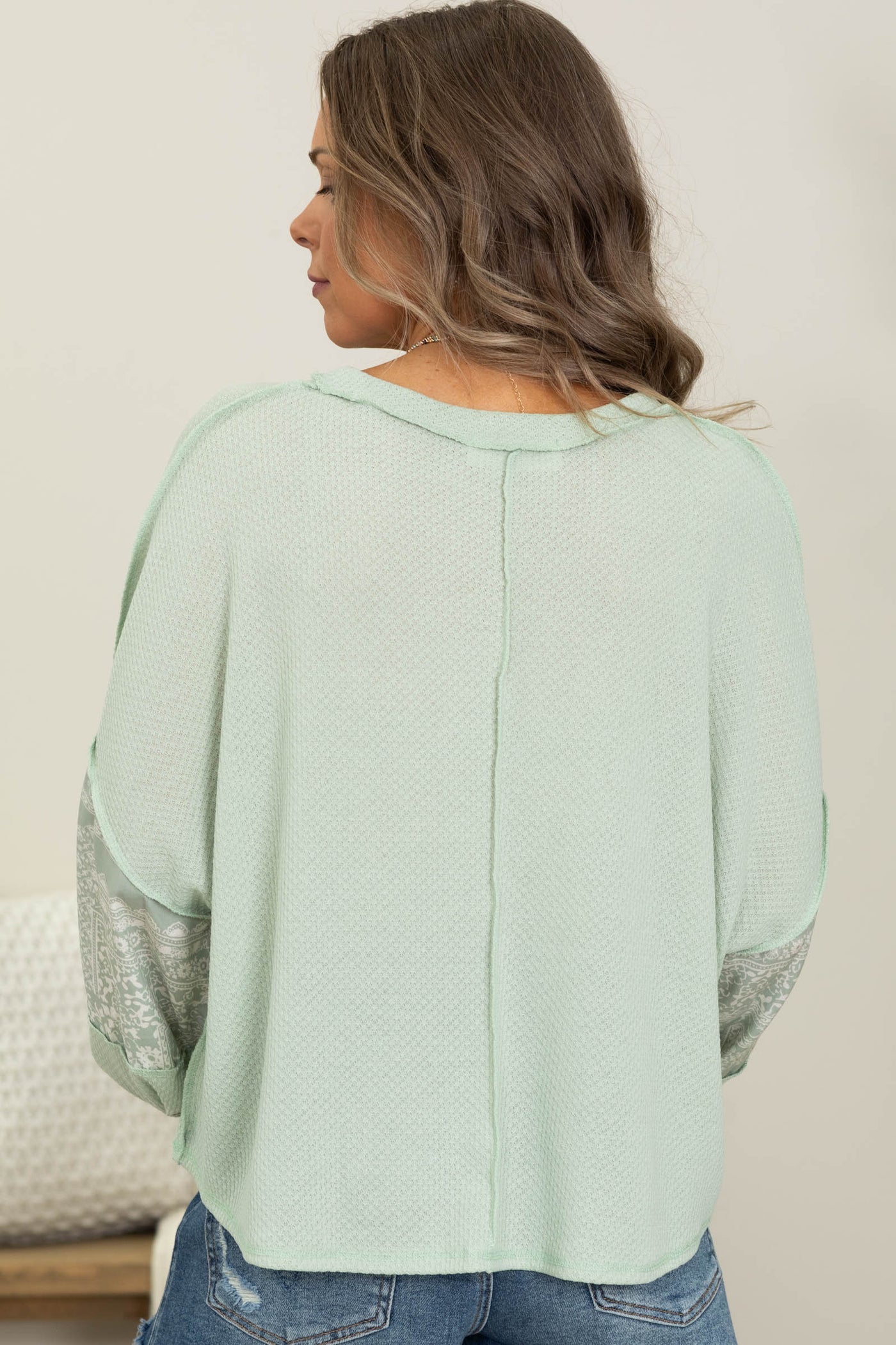 Mint Boho Print Waffle Knit Top
