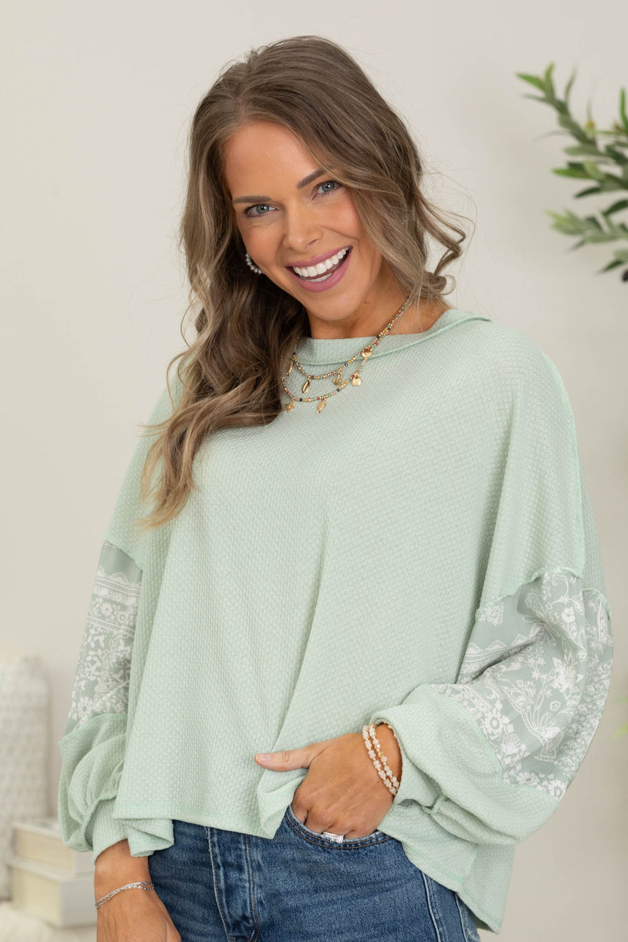 Mint Boho Print Waffle Knit Top