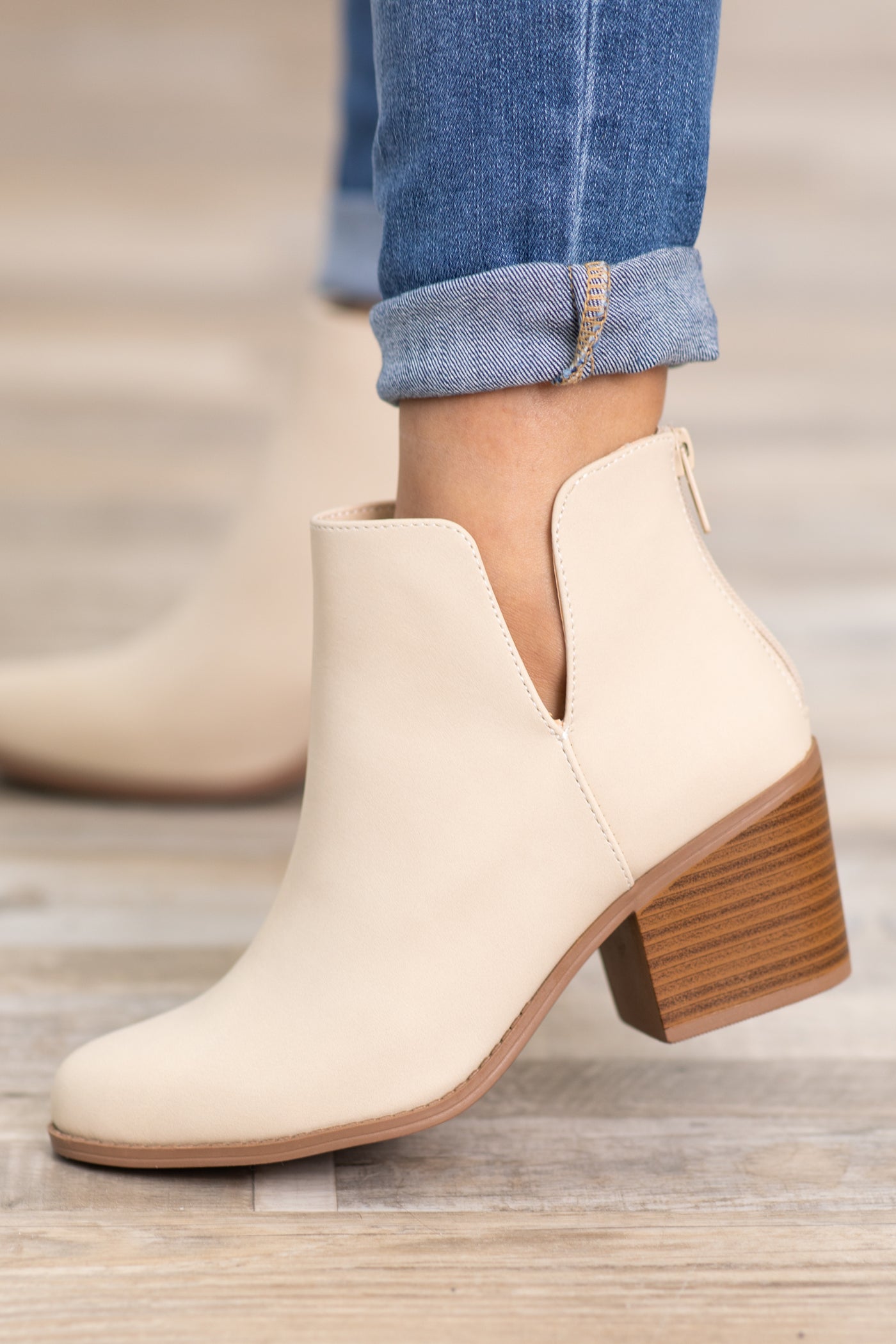 Beige Back Zip Booties With Cutout Detail · Filly Flair