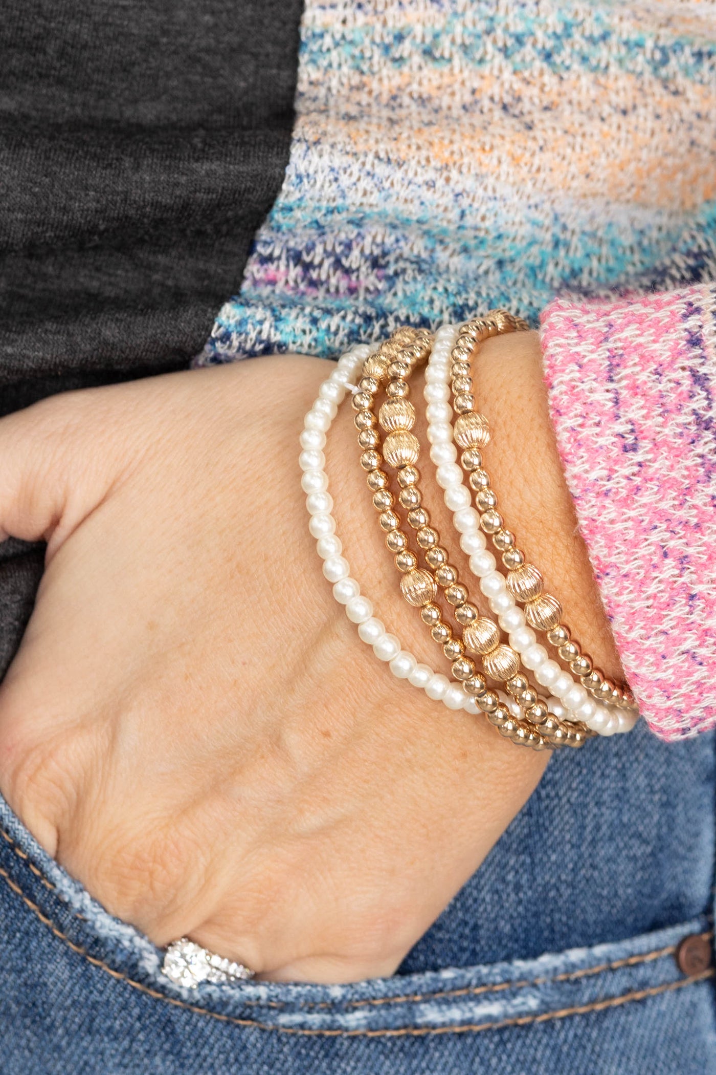 Gold Textured and Pearl Stretch Bracelets