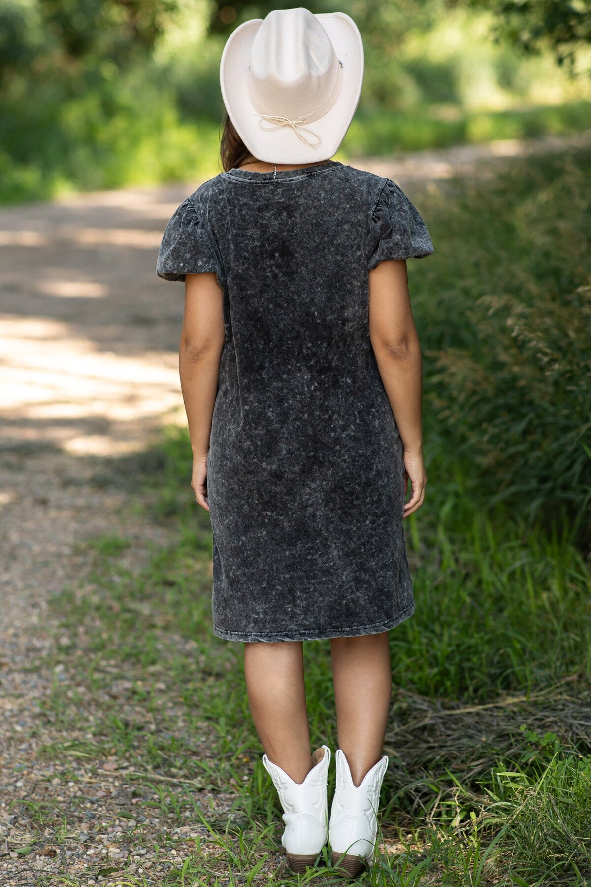 Black Washed Puff Sleeve Dress With Pockets - Filly Flair