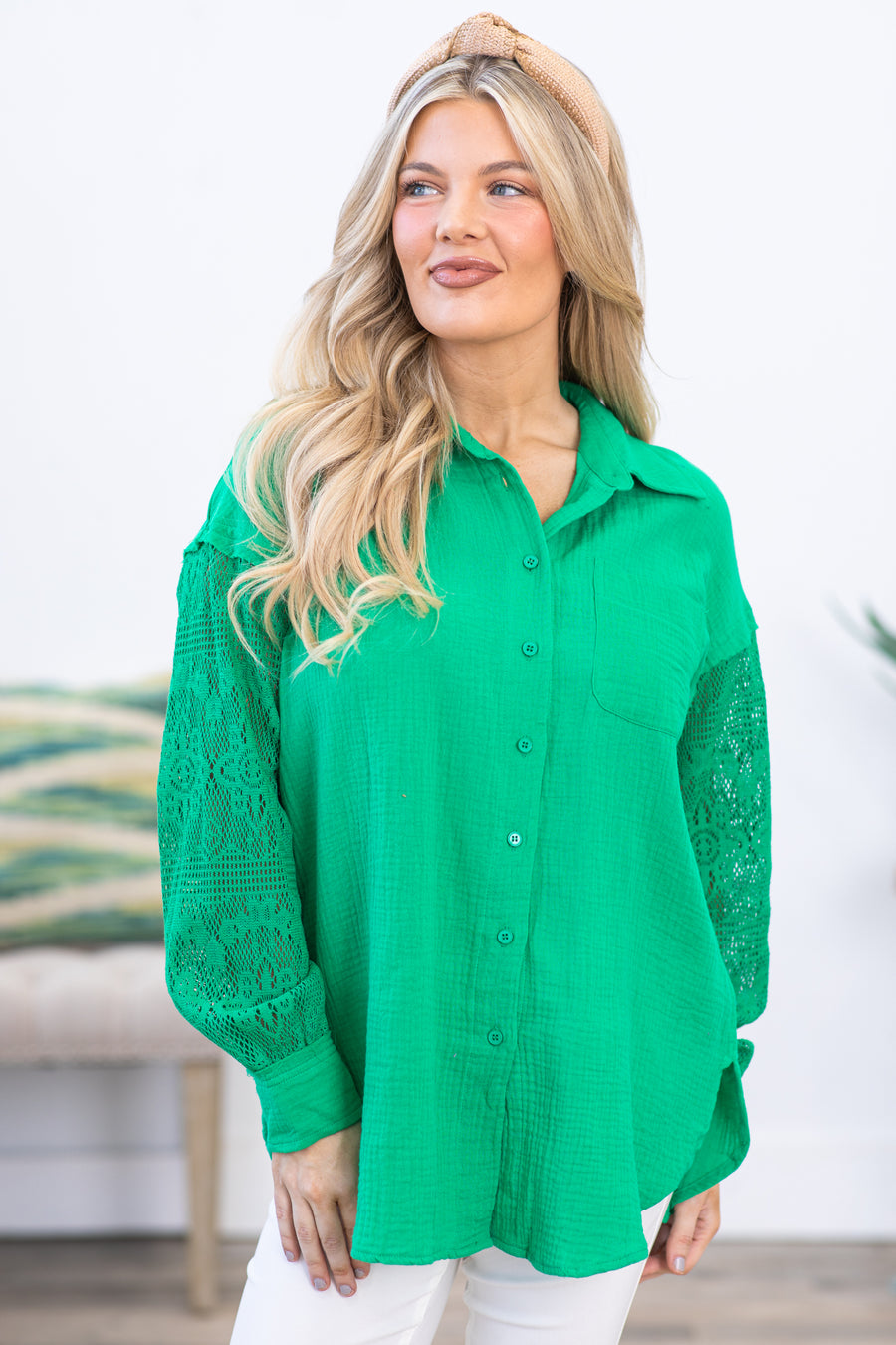 Jade Eyelet Sleeve Button Up Top