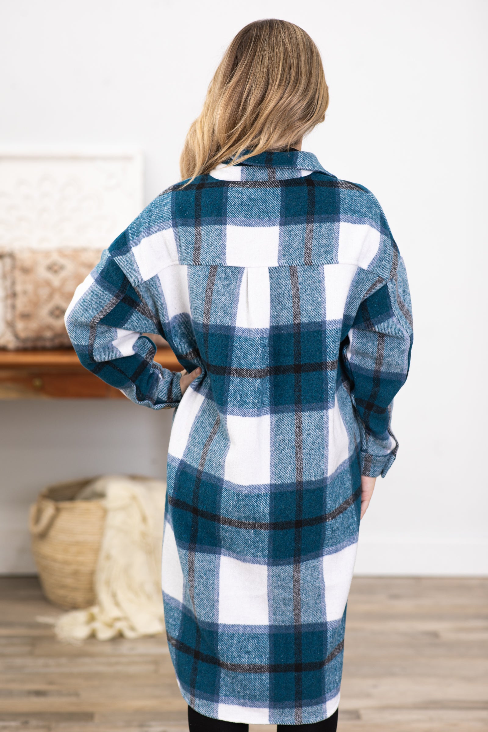 Teal and White Plaid Dolphin Hem Long Shacket