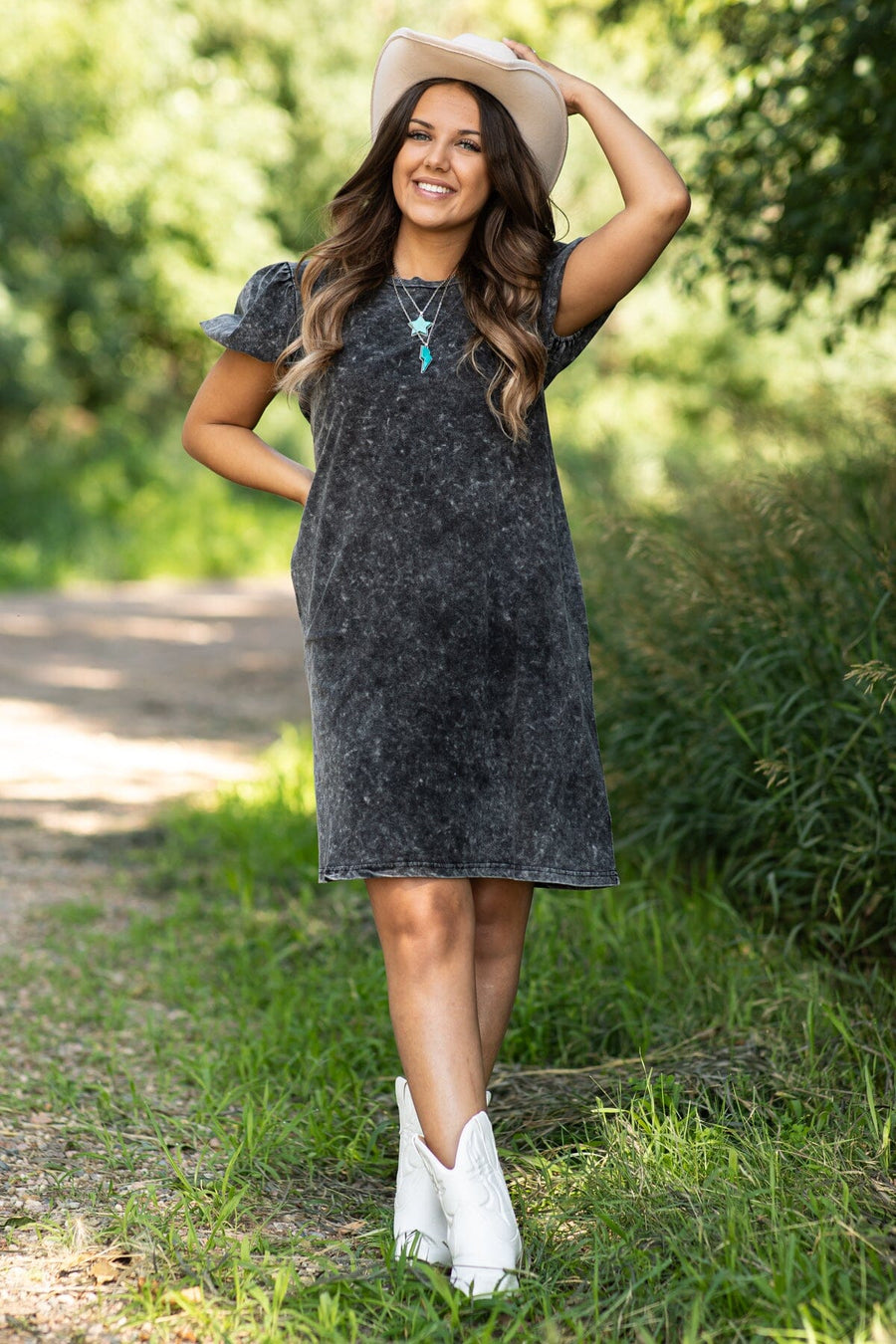 Black Washed Puff Sleeve Dress With Pockets - Filly Flair