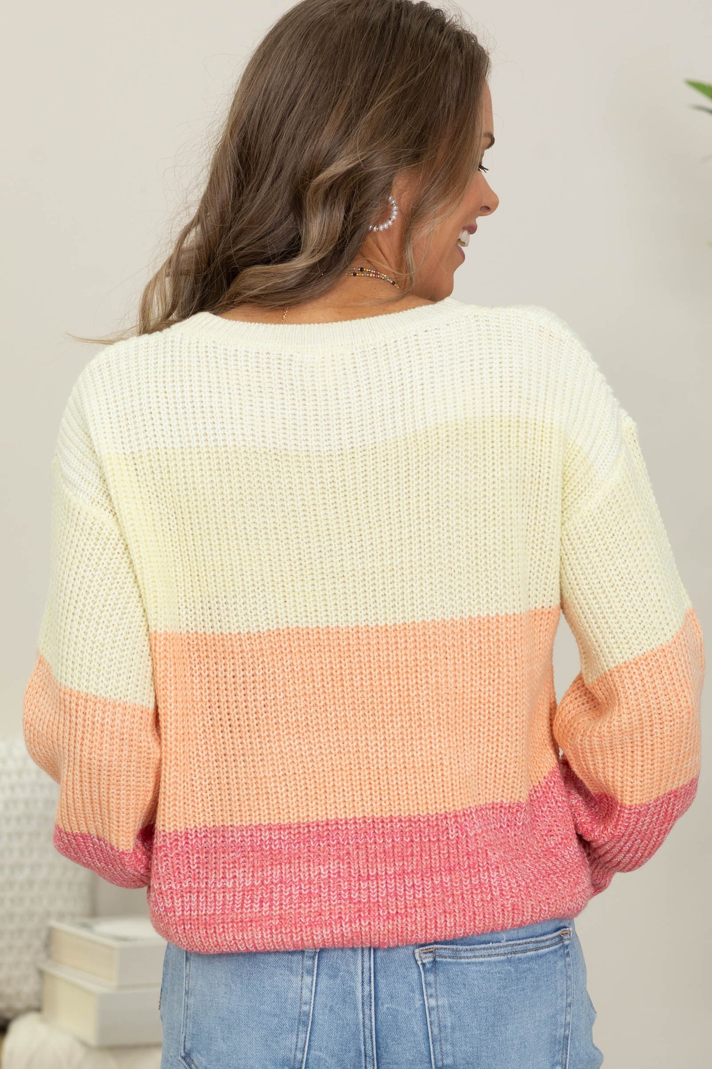 Salmon Colorblock Bubble Sleeve Sweater