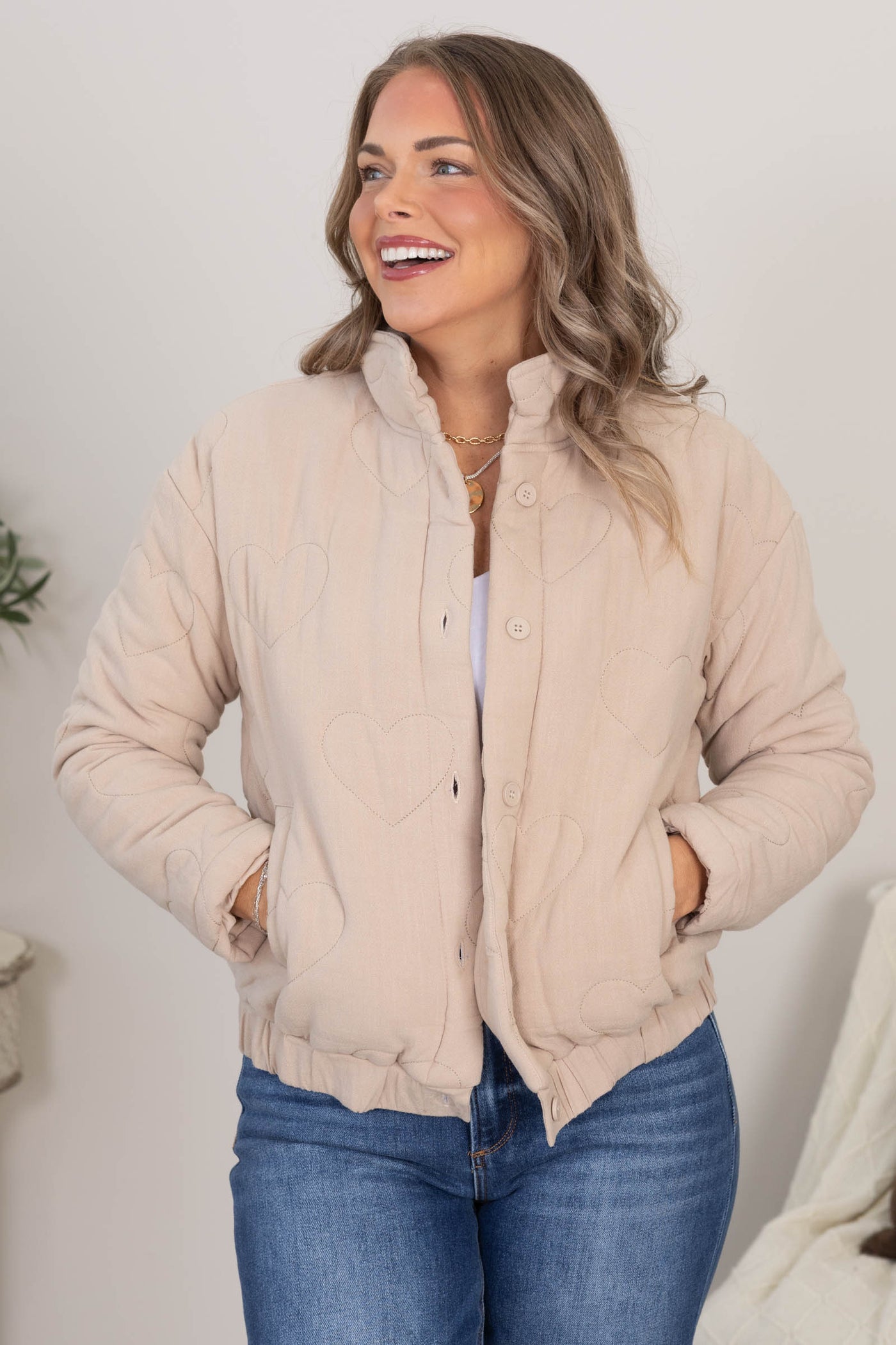 Tan Heart Quilted Button Down Jacket