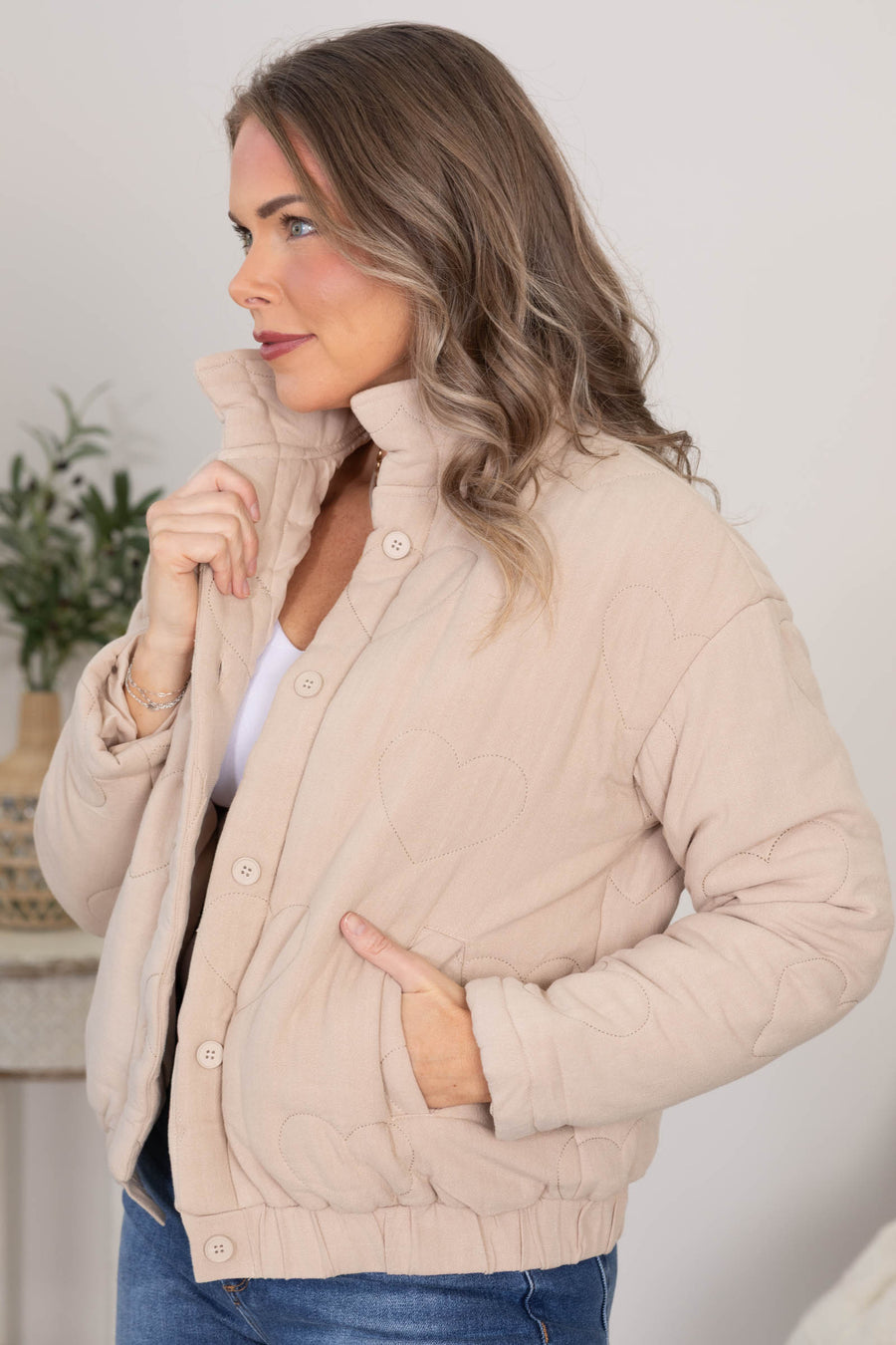 Tan Heart Quilted Button Down Jacket