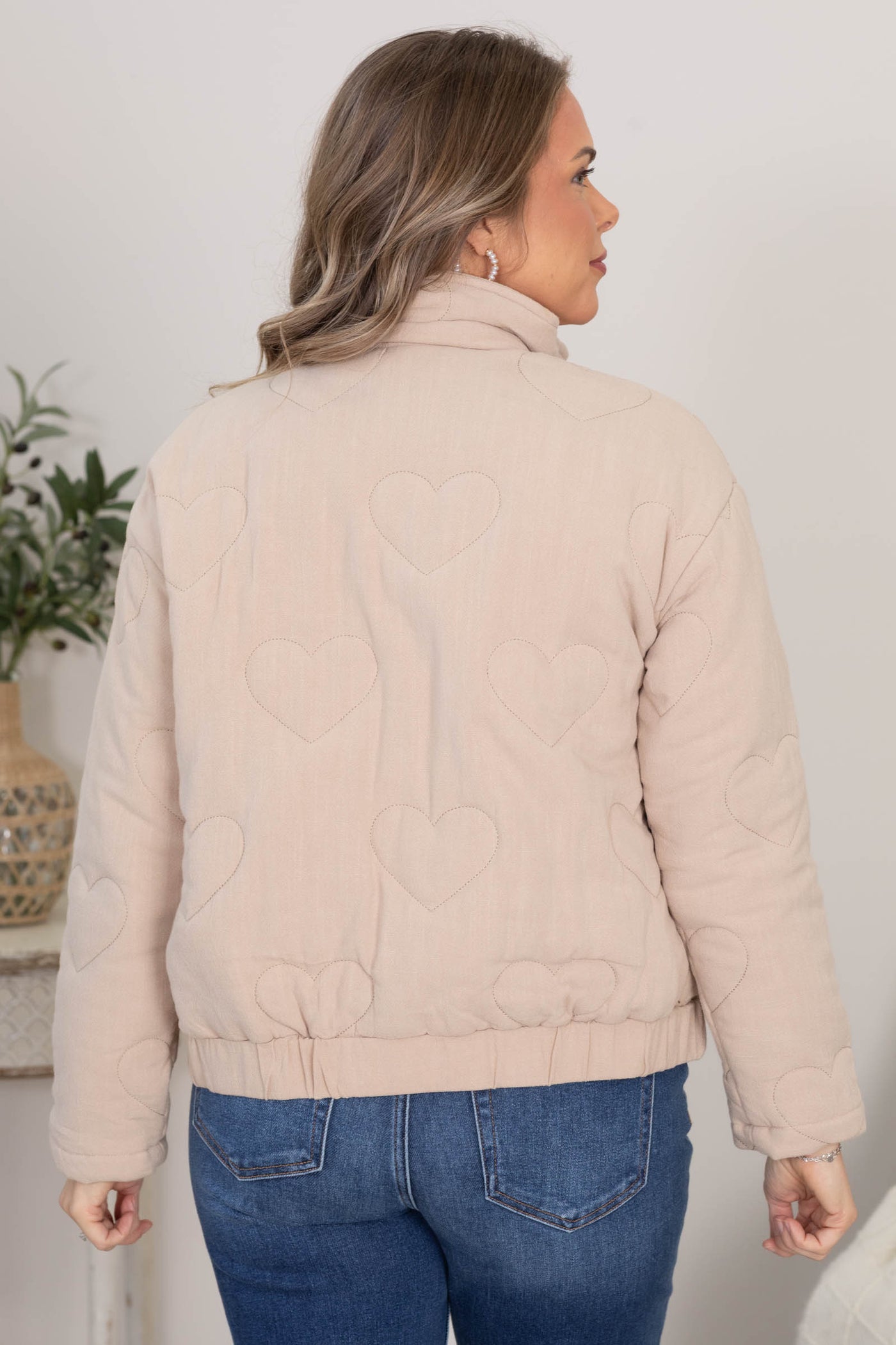 Tan Heart Quilted Button Down Jacket