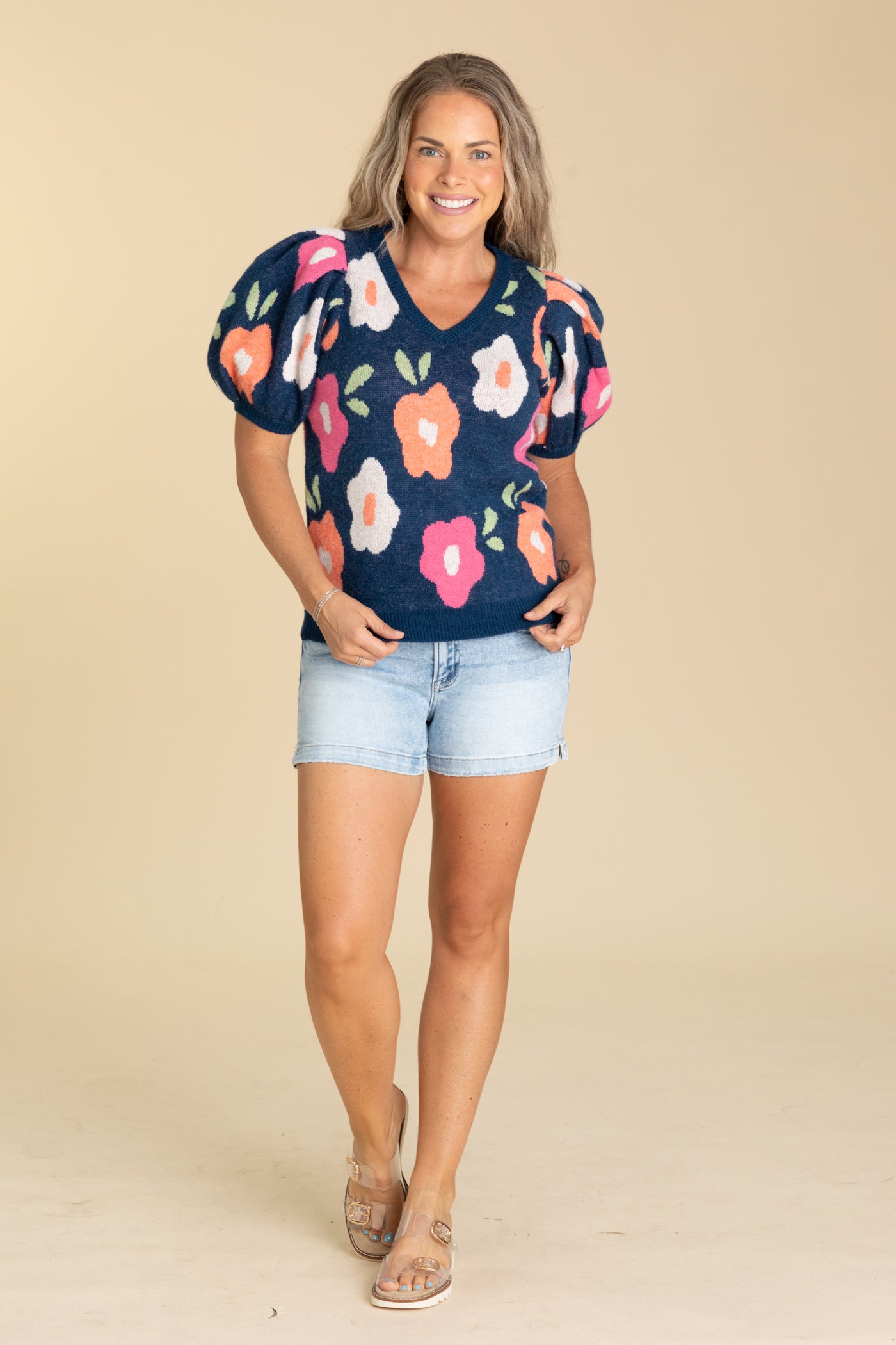 Navy Floral Puff Sleeve Knit Sweater Top