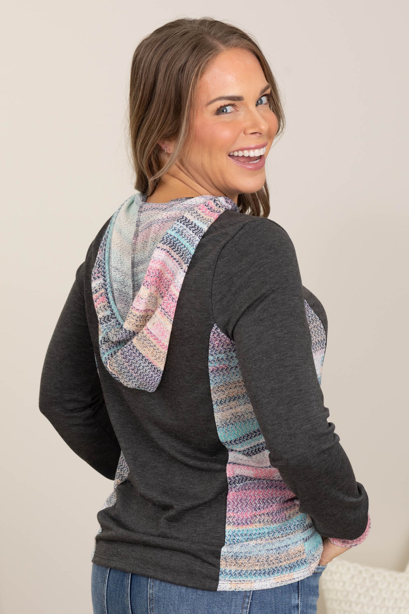 Charcoal With Breezy Detail Knit Hoodie Top