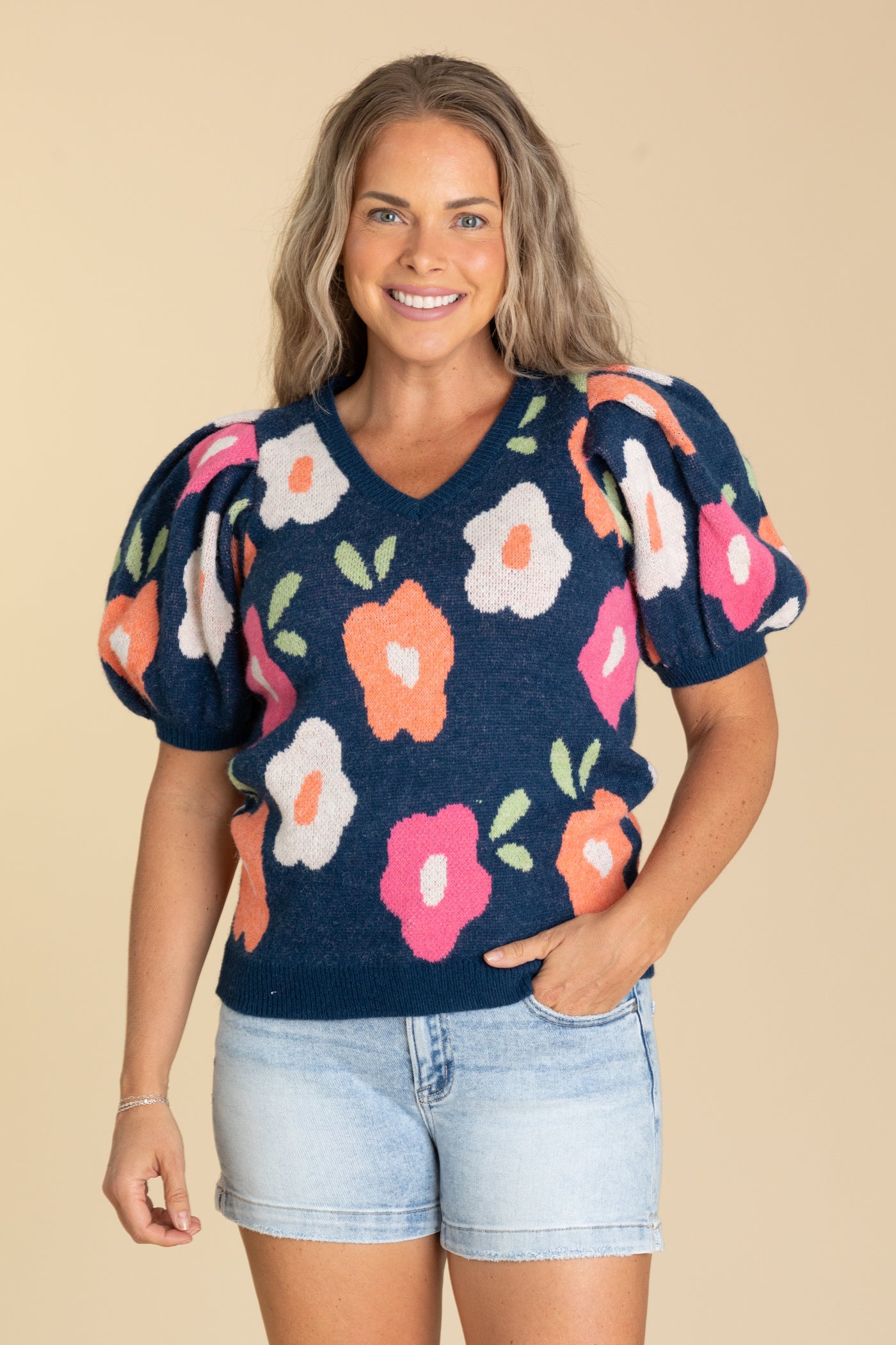 Navy Floral Puff Sleeve Knit Sweater Top
