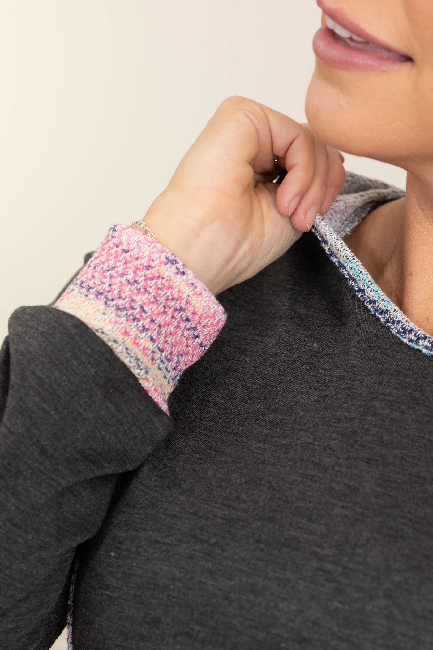 Charcoal With Breezy Detail Knit Hoodie Top