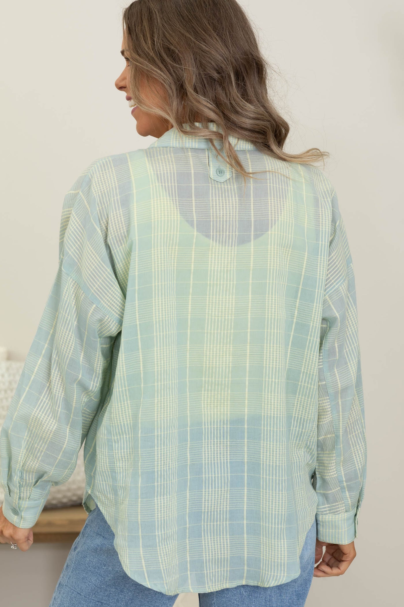 Light Mint Soft Plaid Button Down Top