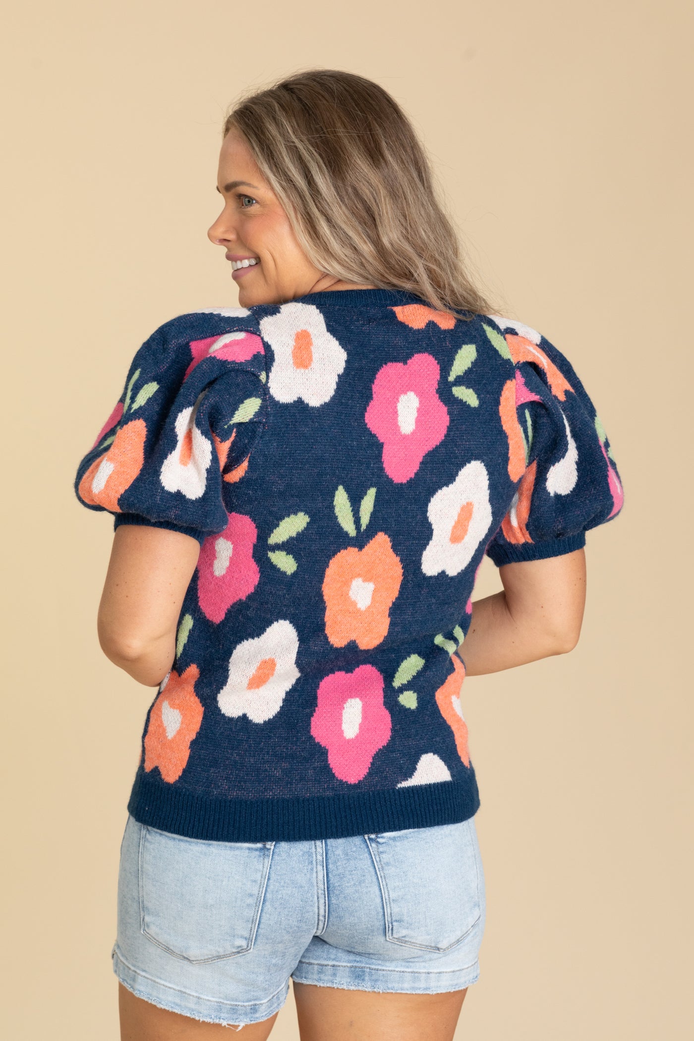 Navy Floral Puff Sleeve Knit Sweater Top